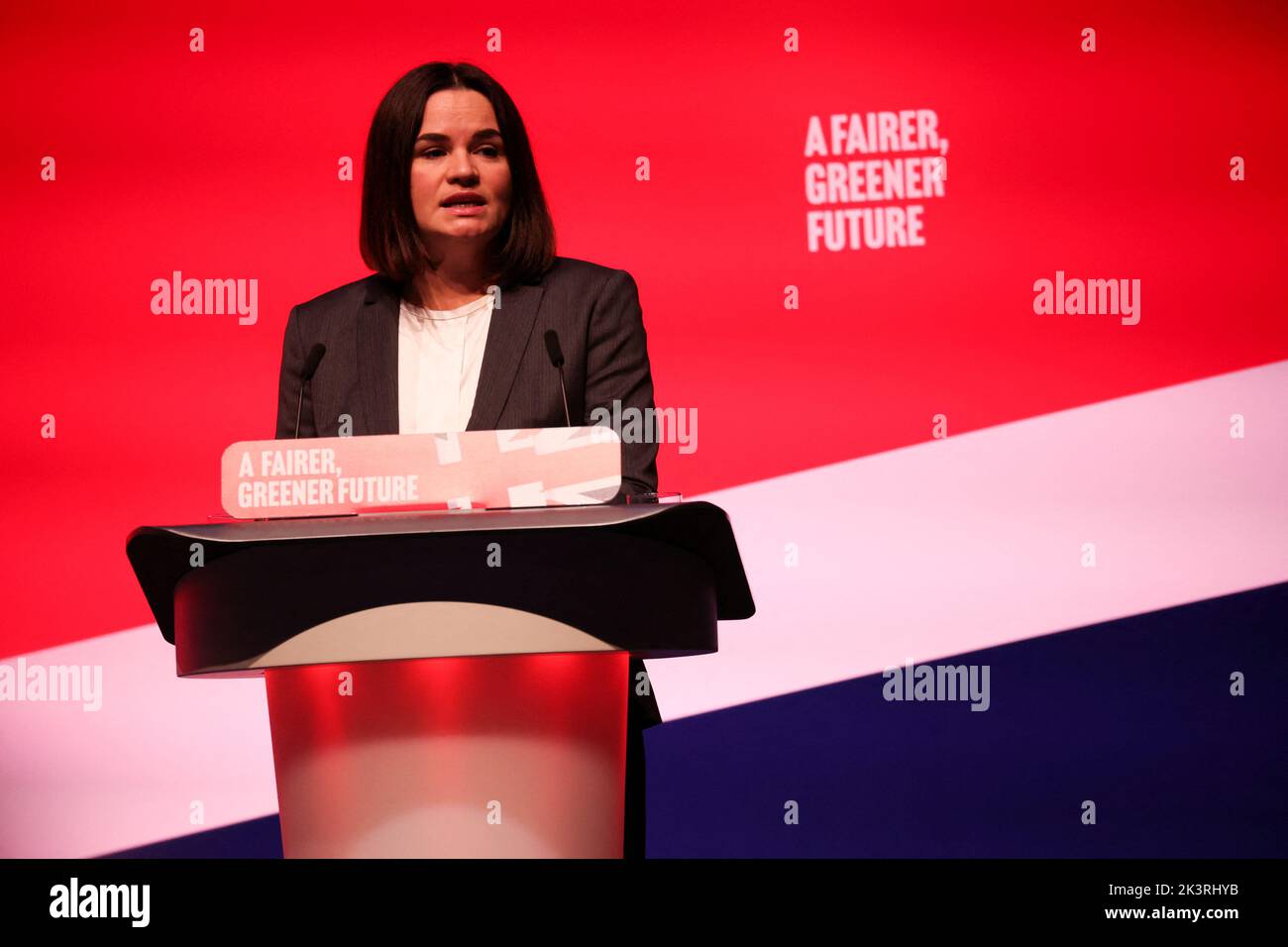Belarus opposition leader Sviatlana Tsikhanouskaya speaks at Britain's Labour Party annual conference in Liverpool, Britain, September 28, 2022. REUTERS/Phil Noble Stock Photo