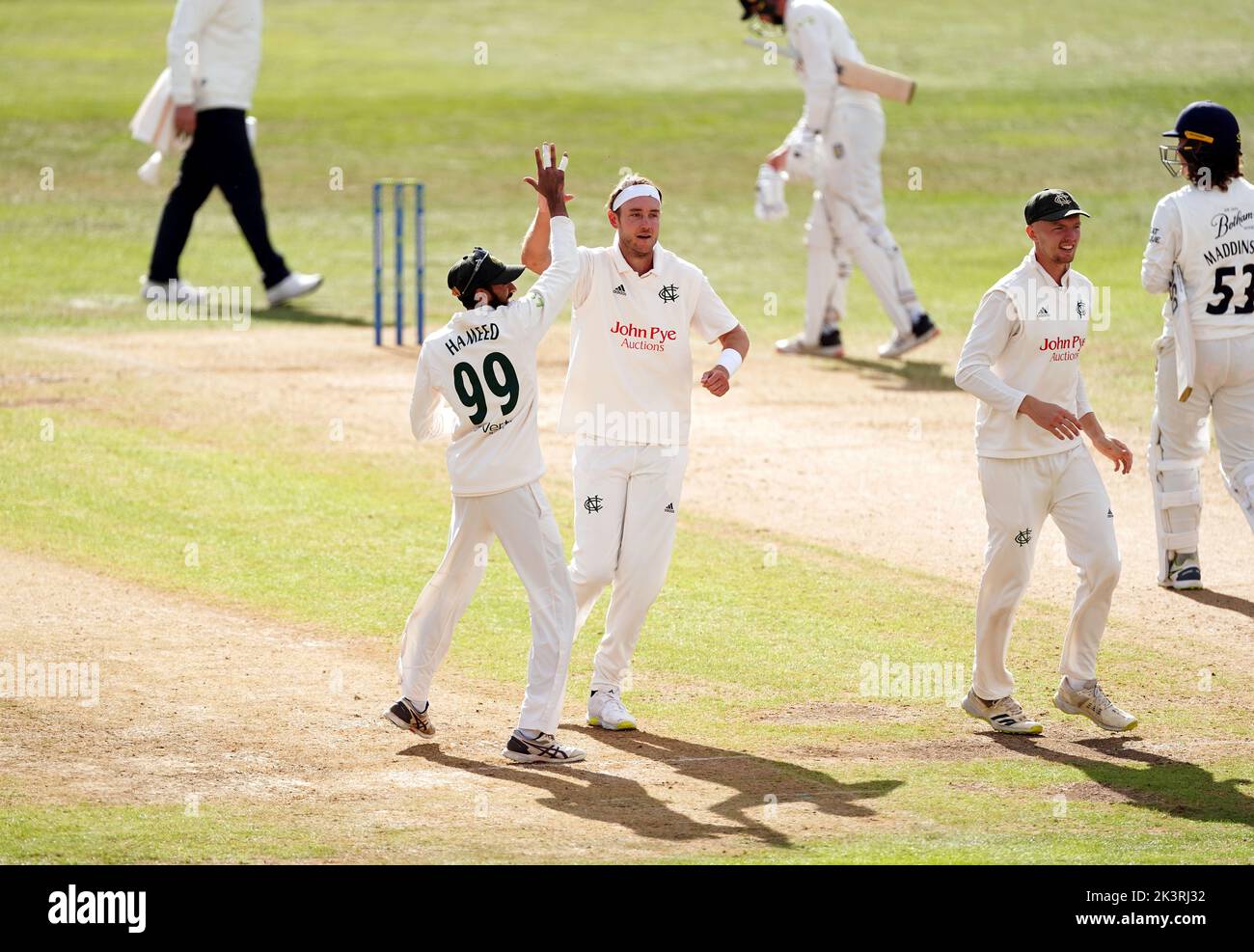 Nottinghamshire's Stuart Broad celebrates taking the wicket of Durham's Nic Maddinson (not pictured) during day three of the LV= Insurance County Championship, Division two match at Trent Bridge, Nottingham. Picture date: Wednesday September 28, 2022. Stock Photo