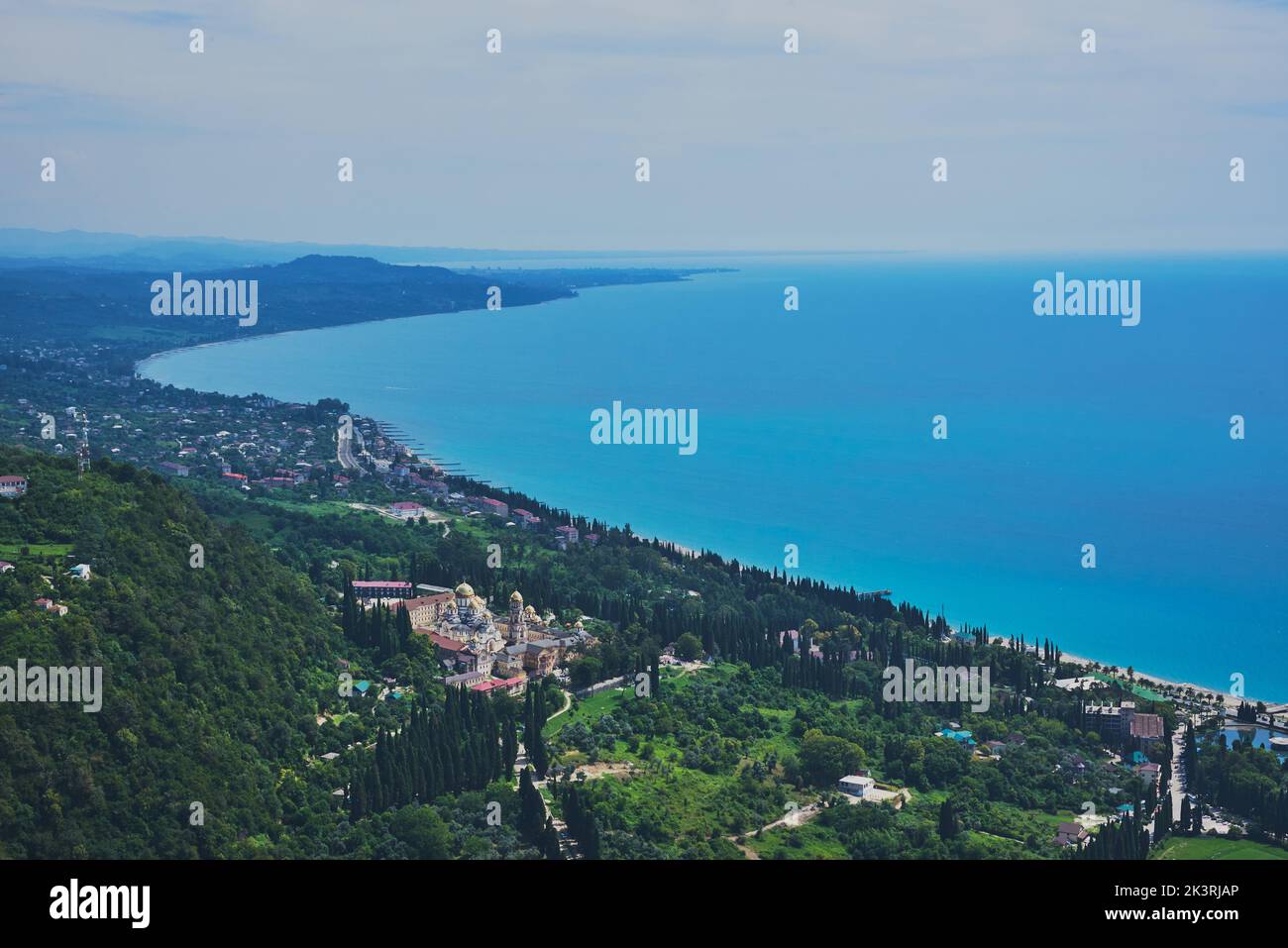 Top view of the New Athos Monastery and the city of New Athos on the seashore. Stock Photo