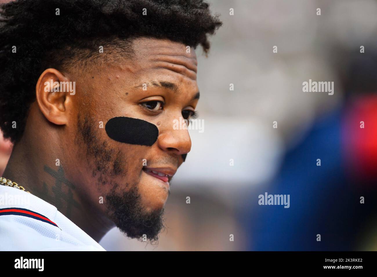 September 18, 2022: Atlanta Braves outfielder Ronald Acuna Jr. watches from the dugout during the eighth inning of a MLB game against the Philadelphia Phillies at Truist Park in Atlanta, GA. Austin McAfee/CSM Stock Photo