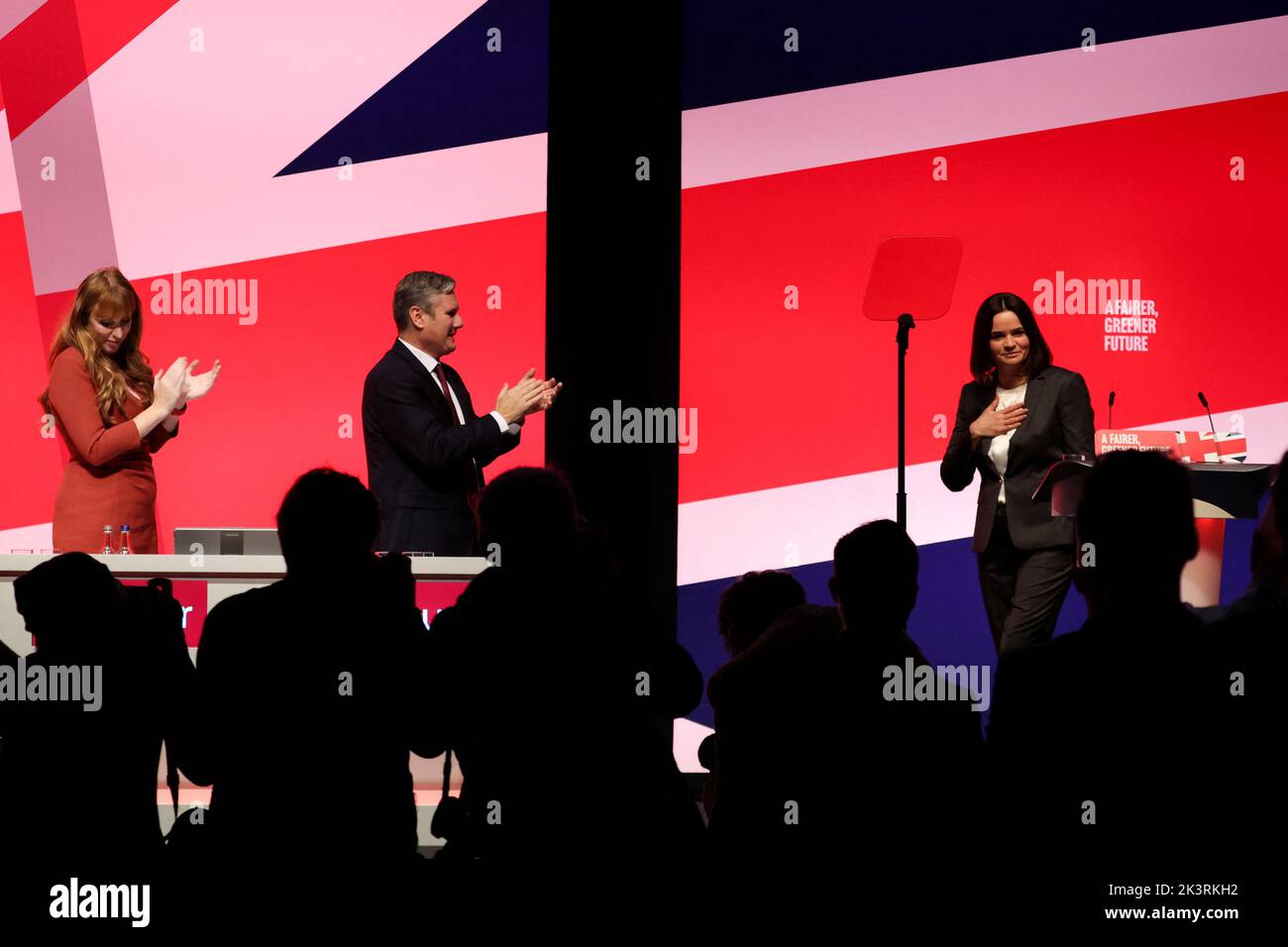 Belarus opposition leader Sviatlana Tsikhanouskaya is applauded by British Labour Party leader Keir Starmer and Deputy leader of the Labour Party Angela Rayner, after her speech, at Britain's Labour Party annual conference in Liverpool, Britain, September 28, 2022. REUTERS/Phil Noble Stock Photo