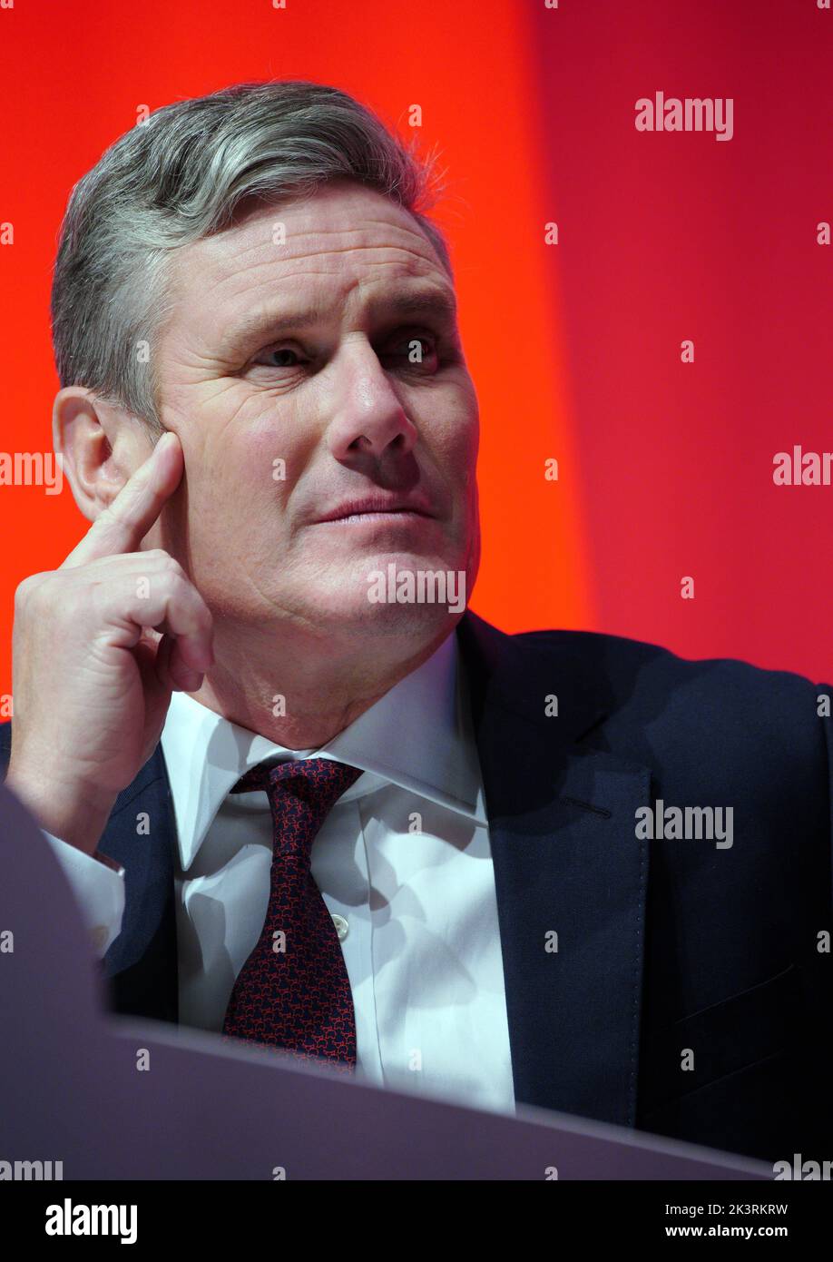 Party leader Sir Keir Starmer listening to Belarus opposition leader Sviatlana Tsikhanouskaya speaking during the Labour Party Conference at the ACC Liverpool. Picture date: Wednesday September 28, 2022. Stock Photo