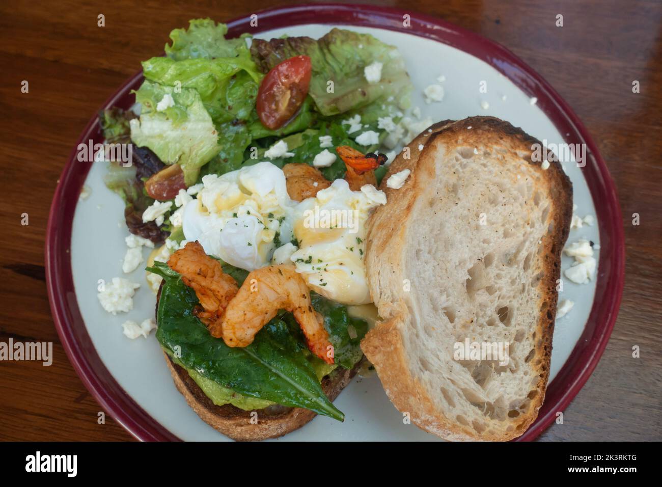 A Breakfast of bread shrimps and  eggs Stock Photo