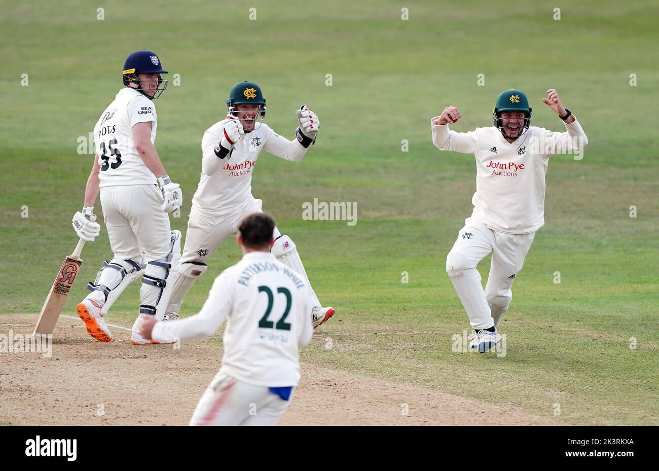 Nottinghamshire's Matthew Montgomery celebrates taking a catch to dismiss Durham's Chris Benjamin during day three of the LV= Insurance County Championship, Division two match at Trent Bridge, Nottingham. Picture date: Wednesday September 28, 2022. Stock Photo
