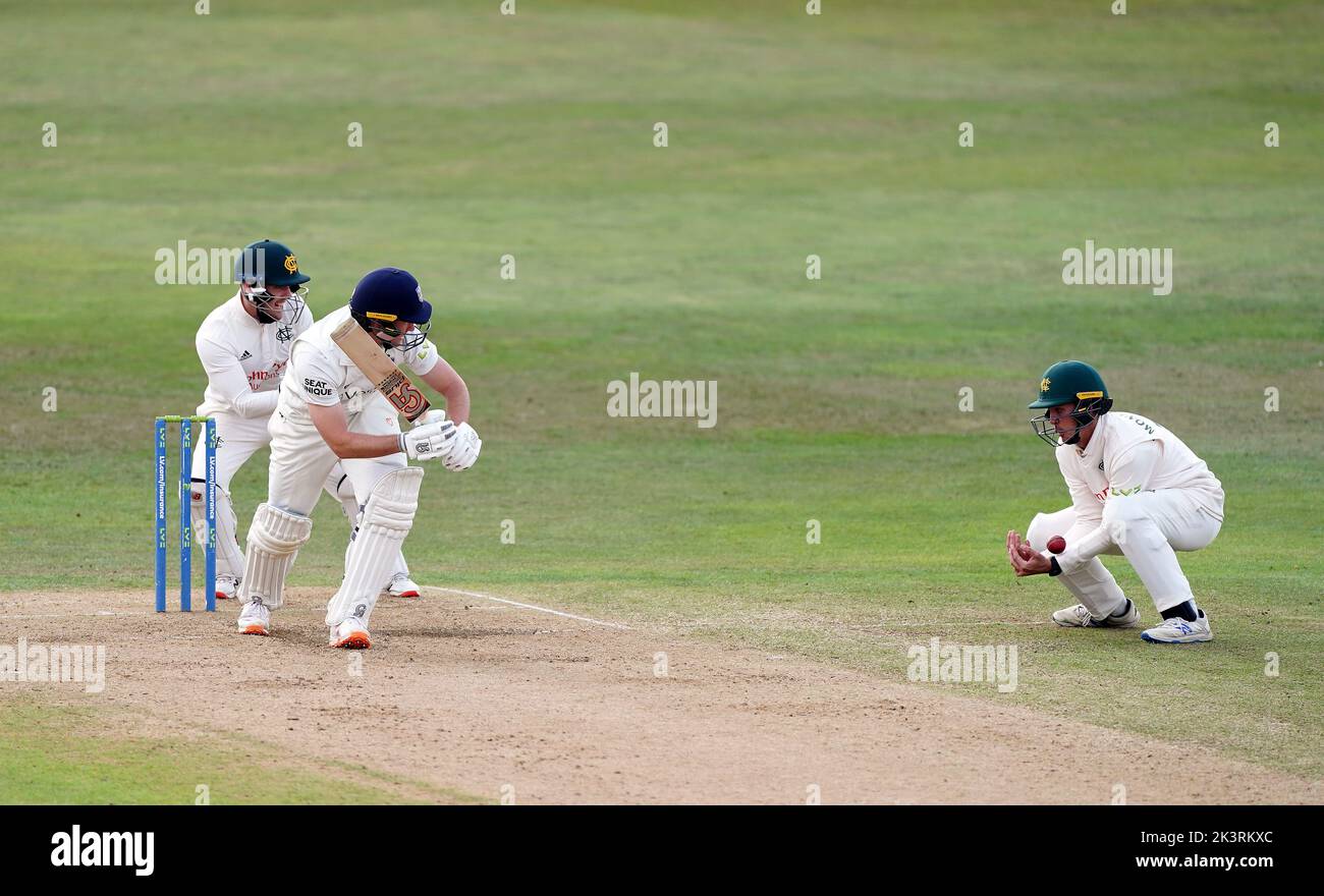 Nottinghamshire's Matthew Montgomery takes a catch to dismiss Durham's Chris Benjamin during day three of the LV= Insurance County Championship, Division two match at Trent Bridge, Nottingham. Picture date: Wednesday September 28, 2022. Stock Photo