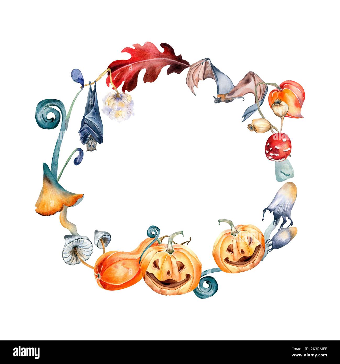 Halloween wreath with colorful pumpkins watercolor illustration ...