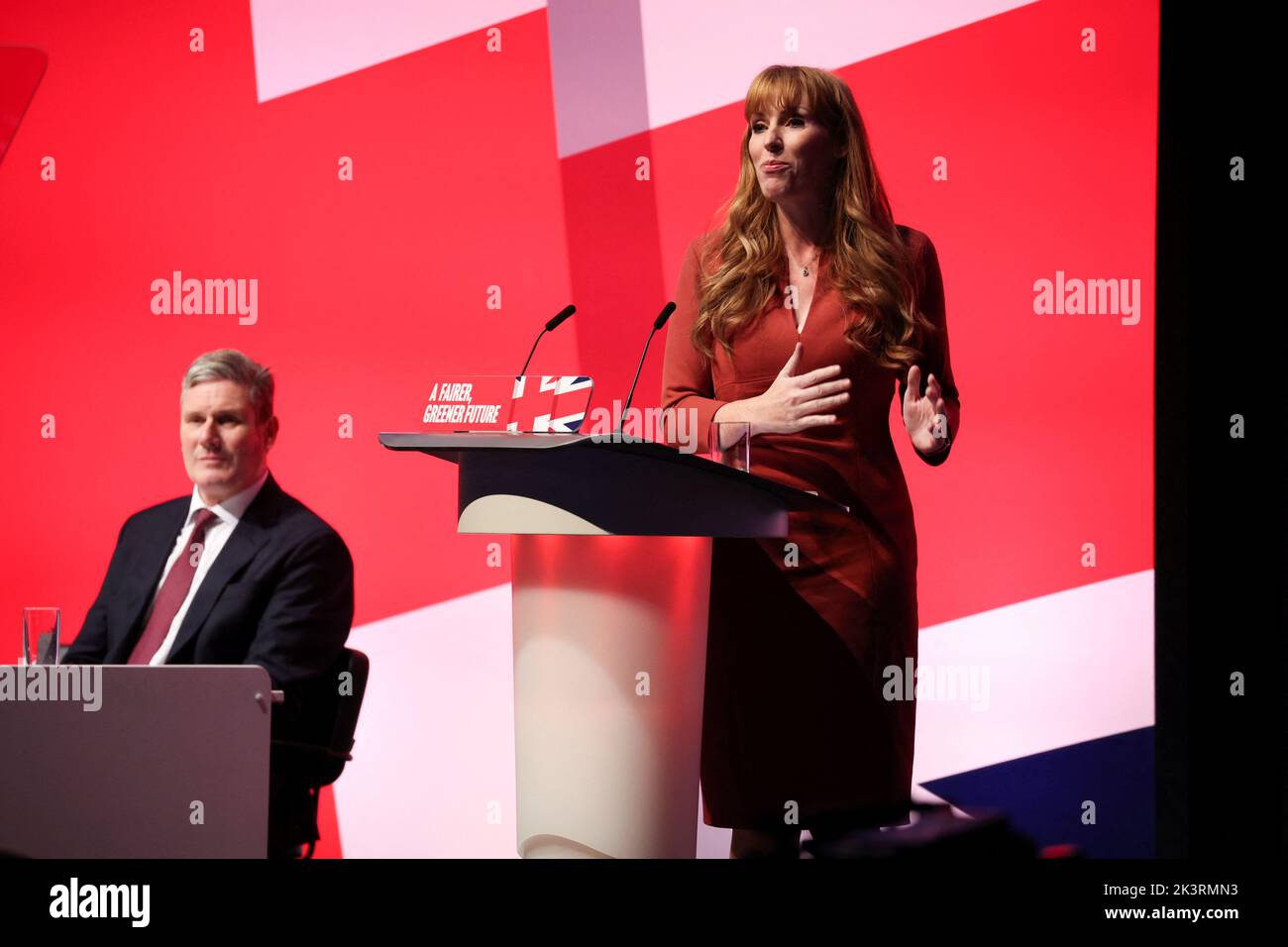 British deputy leader of the Labour Party Angela Rayner speaks next to Labour Party leader Keir Starmer, at Britain's Labour Party annual conference in Liverpool, Britain, September 28, 2022. REUTERS/Phil Noble Stock Photo