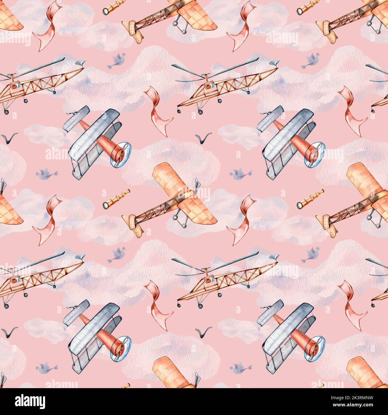 Retro air planes vintage style watercolor illustration seamless pattern ...