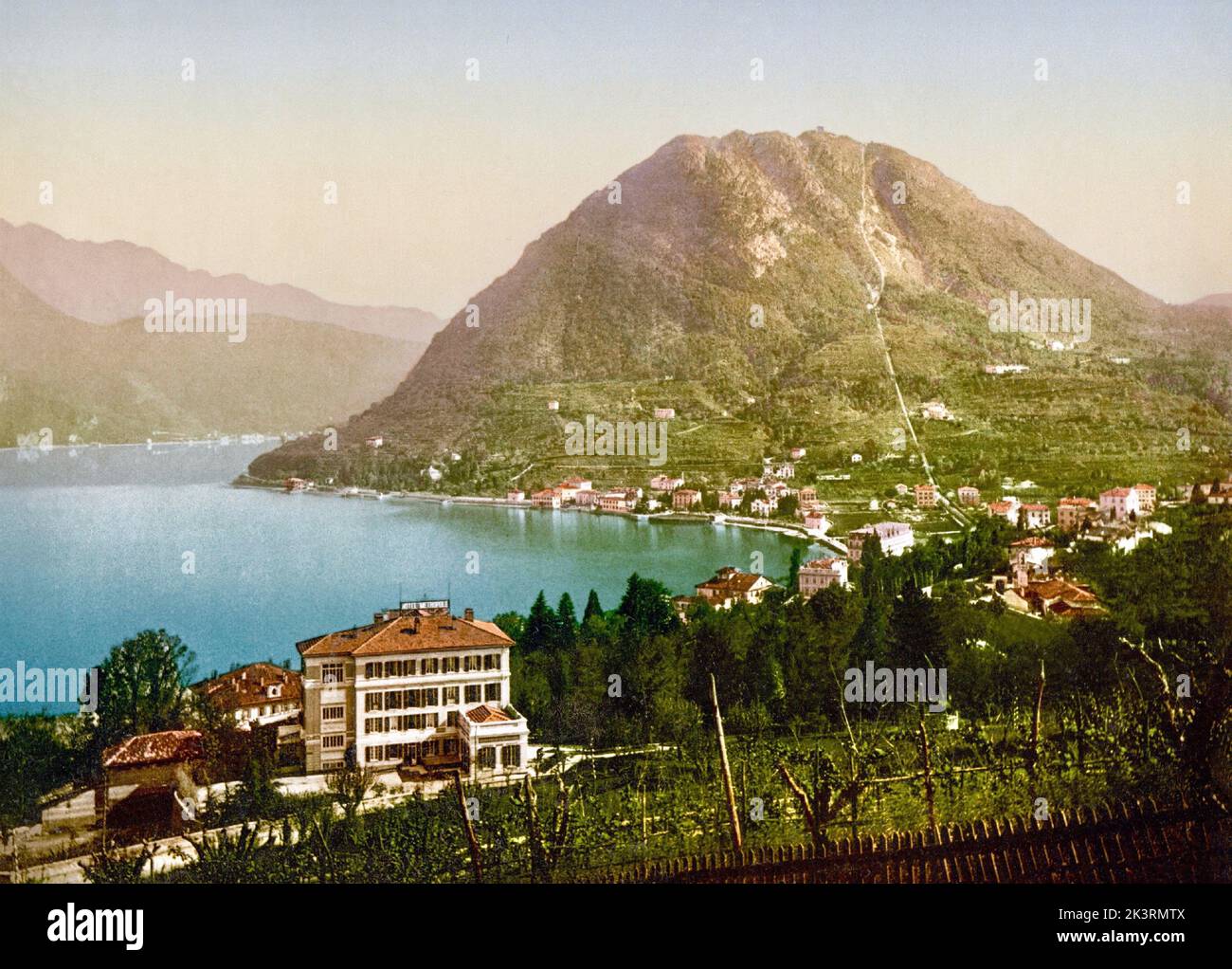 Monte San Salvatore And Paradiso Ticino Switzerland 1890 Stock Photo monte-san-salvatore-and-paradiso-ticino-switzerland-1890-stock-photo