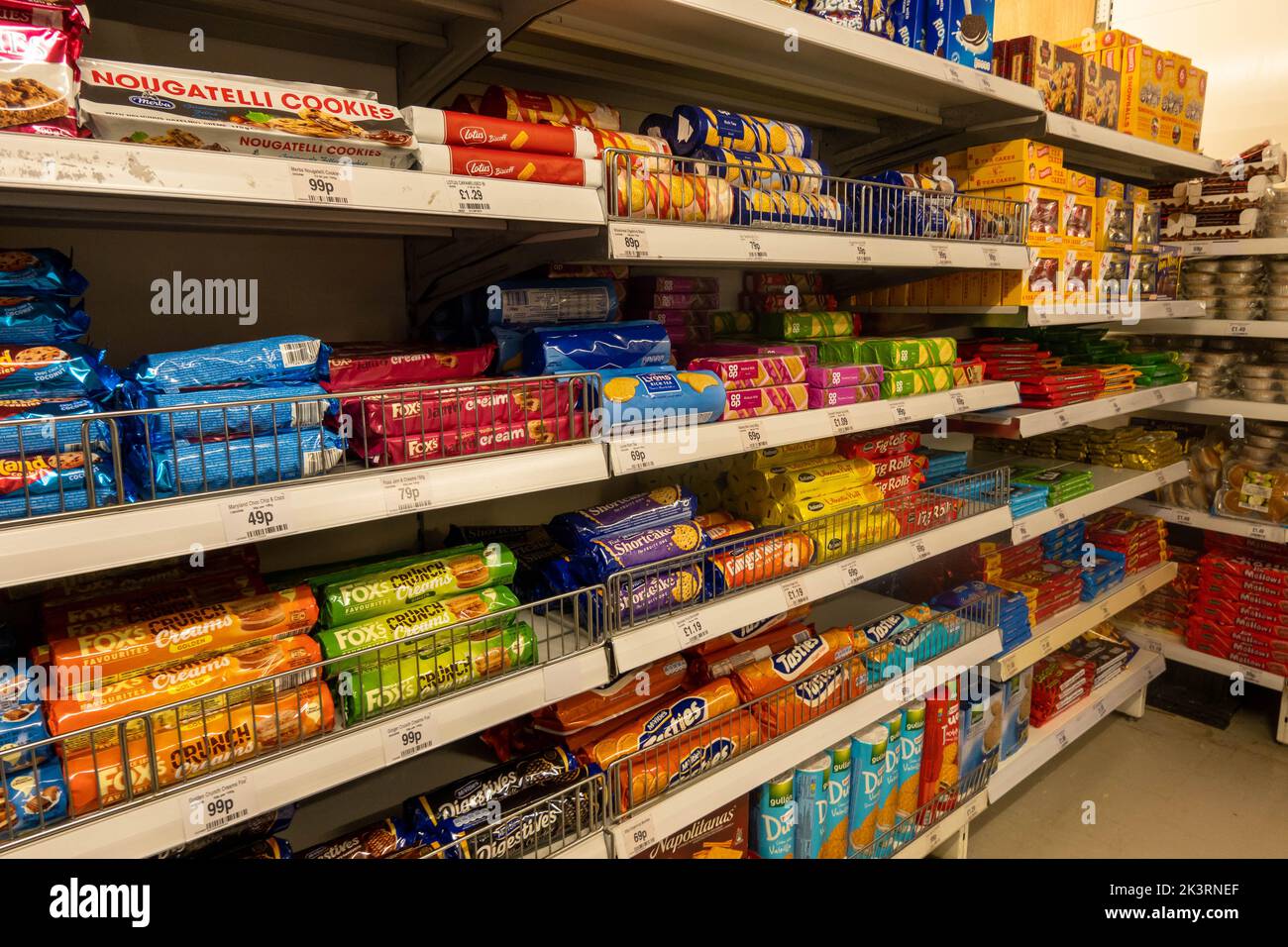 Biscuits on shelves in a British supermarket Stock Photo