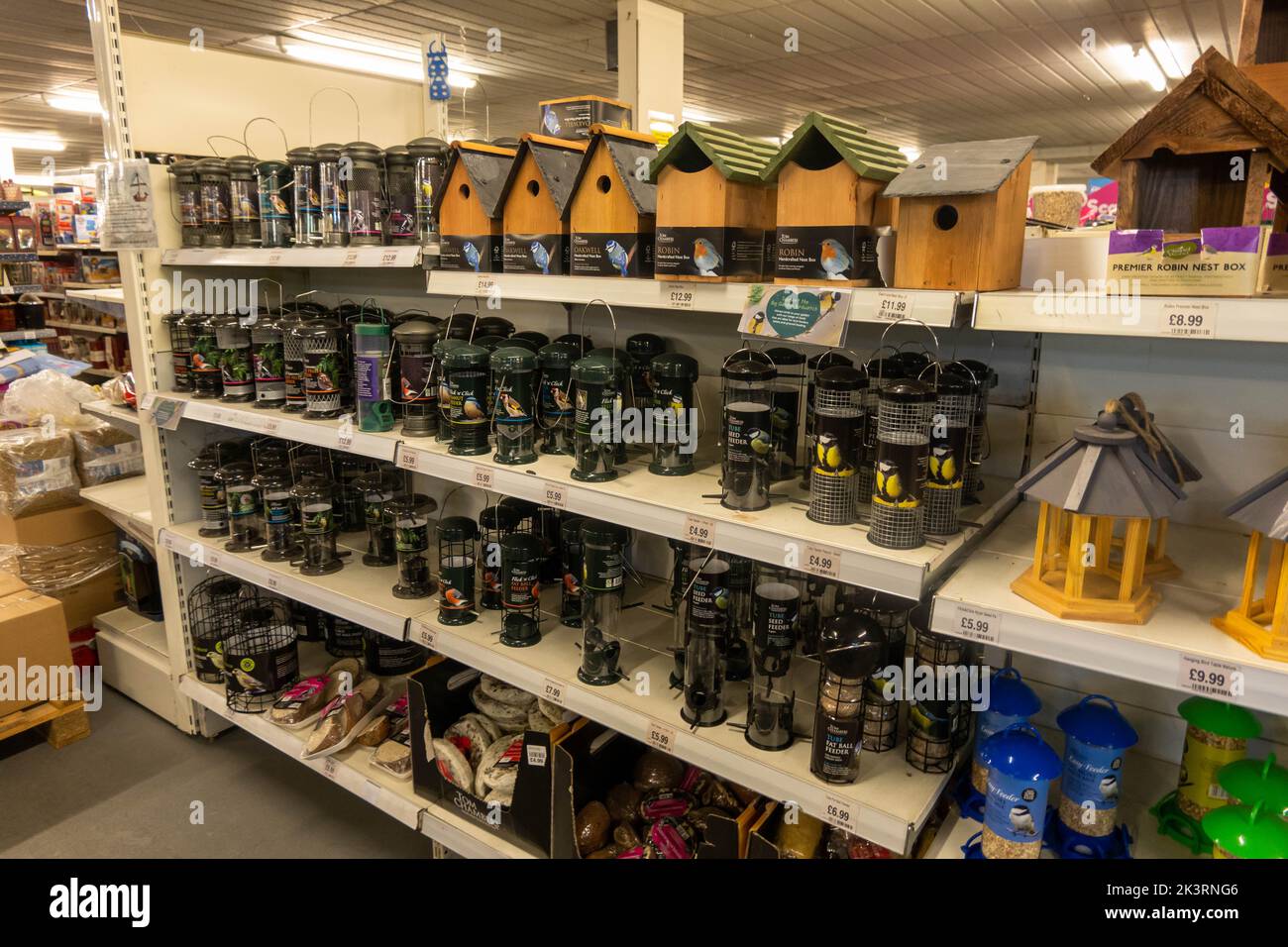 A view of bird boxes and bird feeders on sale at a garden centre in Norfolk England UK Stock Photo