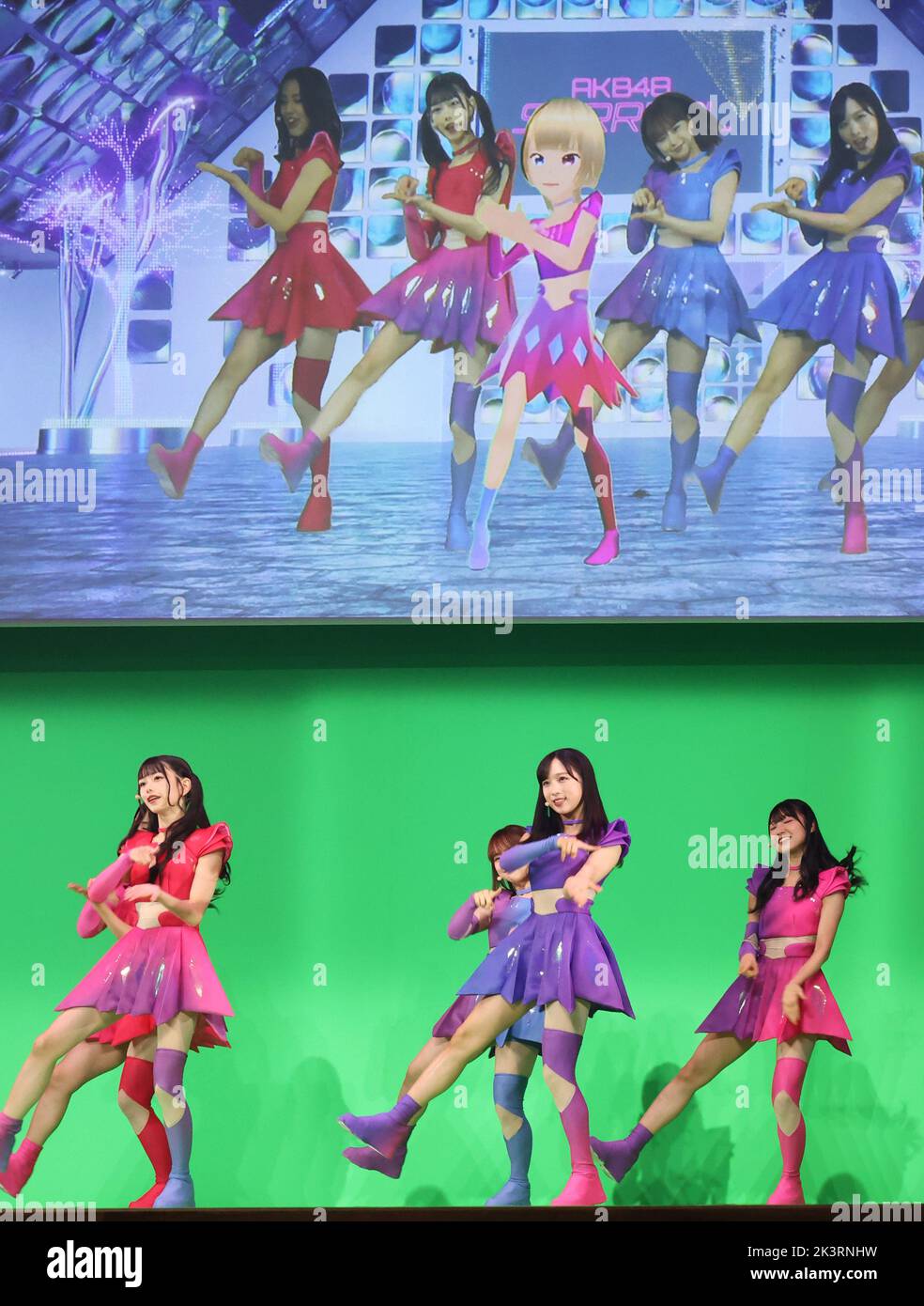 Tokyo, Japan. 28th Sep, 2022. The new real and virtual mixed unit 'AKB48 SURREAL' perform as they will perform in the 'XR World', a metaverse world of NTT group's new XR business company 'NTT Qonoq' in Tokyo on Wednesday, September 28, 2022. NTT group, mainly NTT Docomo invest 60 billion yen for the new XR business company NTT Qonoq. Credit: Yoshio Tsunoda/AFLO/Alamy Live News Stock Photo
