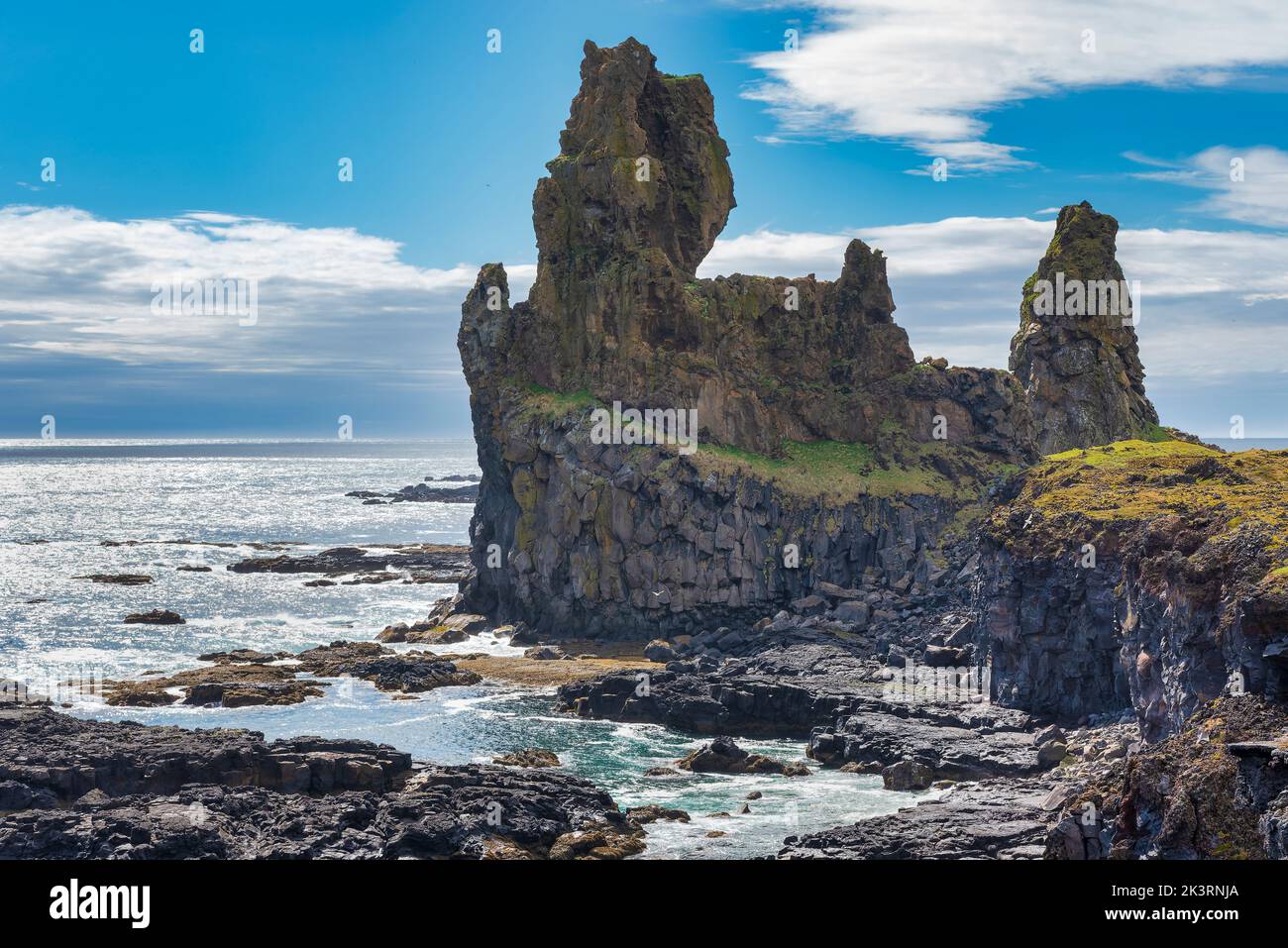 Londrangar Cliffs, Snaefellsnes Spectacular black volcanic rocky oceanic coastline, Iceland Stock Photo