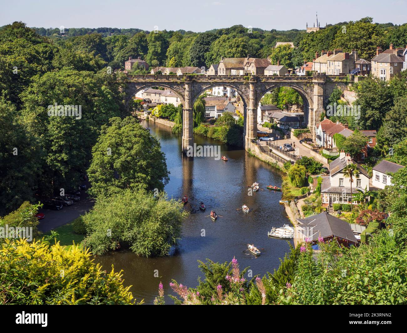 View of the Railway Viaduct over the River Nidd from the Castle Grounds at Knaresborough North Yorkshire England Stock Photo
