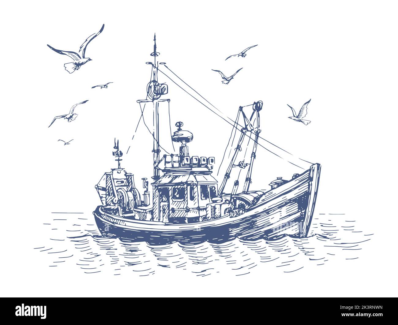 Small fishing boat in sea. Seagulls and vessel, ship on the water. Seascape, fishery sketch vector illustration Stock Vector