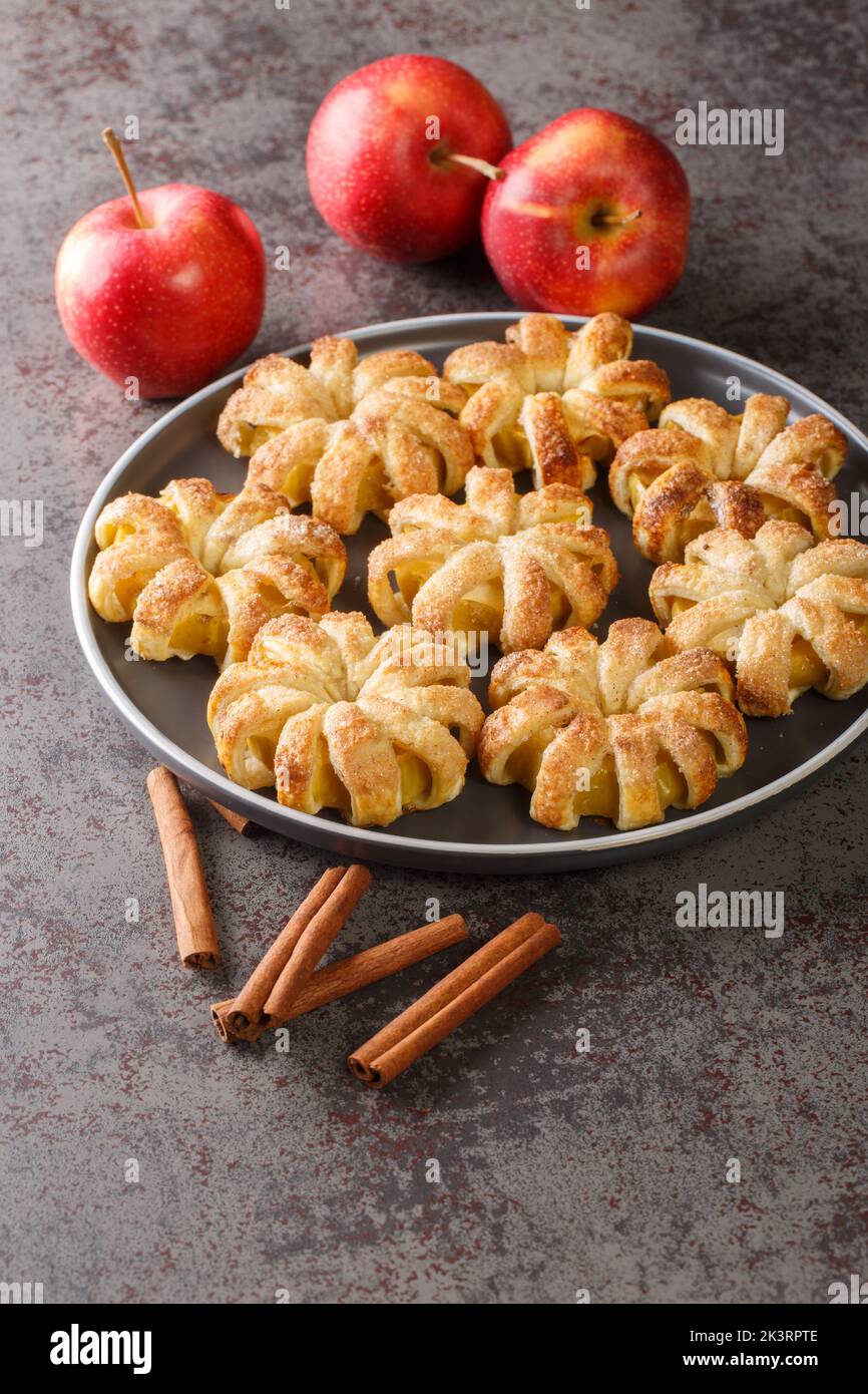 Apple rings baked in puff pastry with sugar and cinnamon close-up in a bowl on the table. Vertical Stock Photo