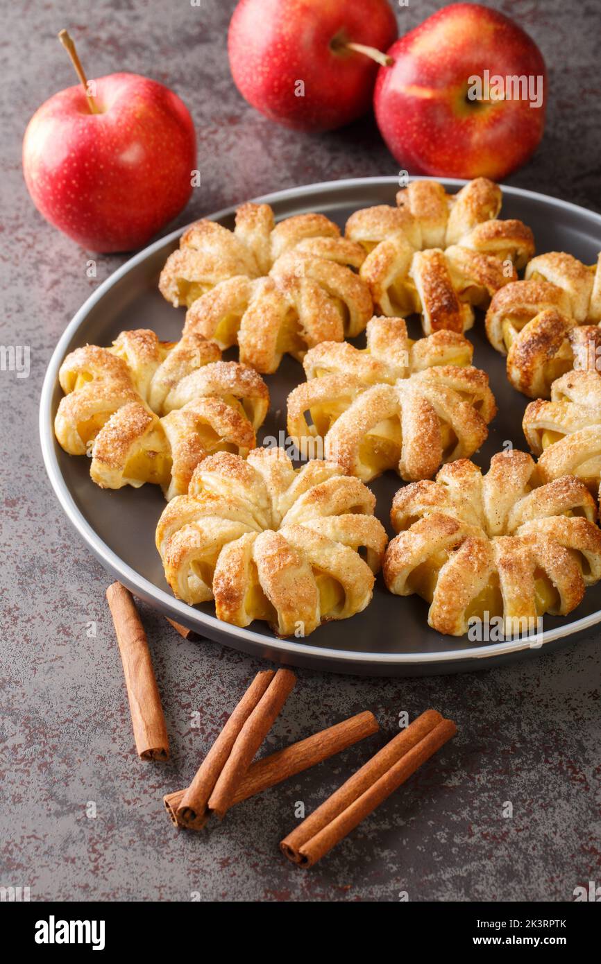 Autumn apples baked in dough close-up on a plate on the table. Vertical Stock Photo