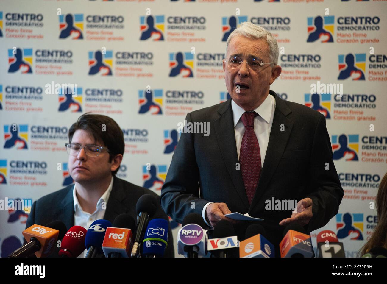 Senator Miguel Uribe Turbay (L) reacts as Colombia's former president Alvaro Uribe Velez (2002-2006) speaks during a press conference after meeting wi Stock Photo