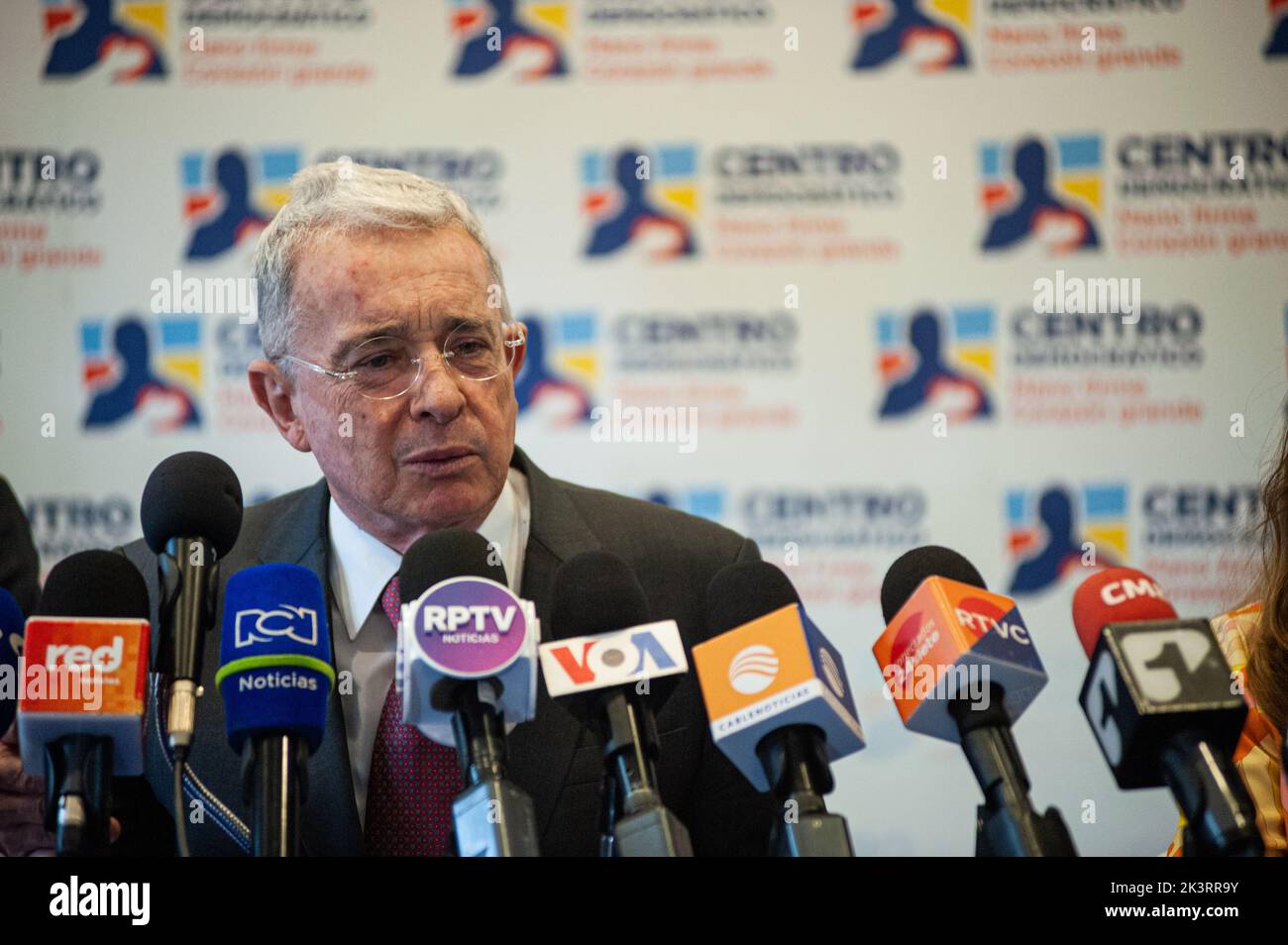 Colombia's former president Alvaro Uribe Velez (2002-2006) speaks during a press conference after meeting with president Gustavo Petro on September 27 Stock Photo