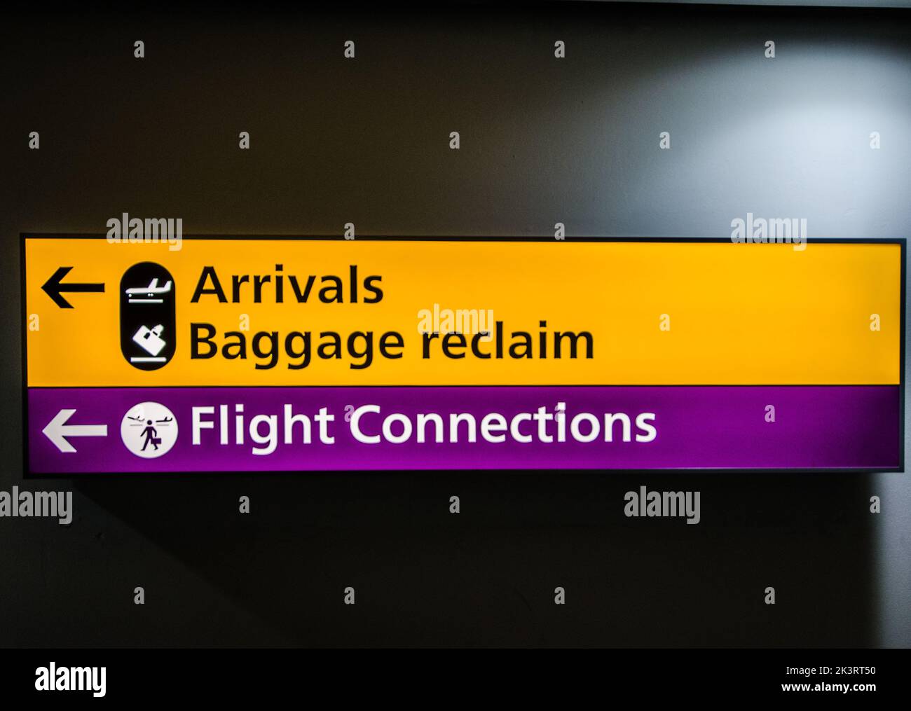 airport sign Arrivals Baggage Reclaim, Flight Connections, UK Airport