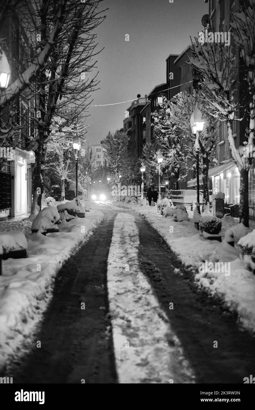 An aerial view of snow covered road surrounded by buildings in  Eskisehir Stock Photo