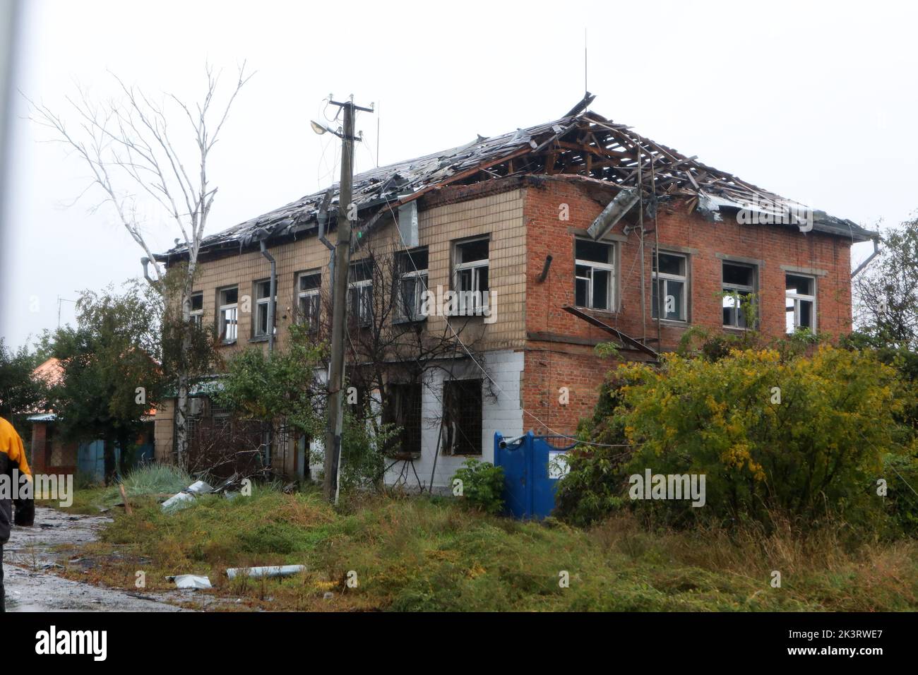 STARYI SALTIV, UKRAINE - SEPTEMBER 27, 2022 - A building destroyed as a result of Russian shelling is pictured in Staryi Saltiv, Kharkiv Region, north Stock Photo