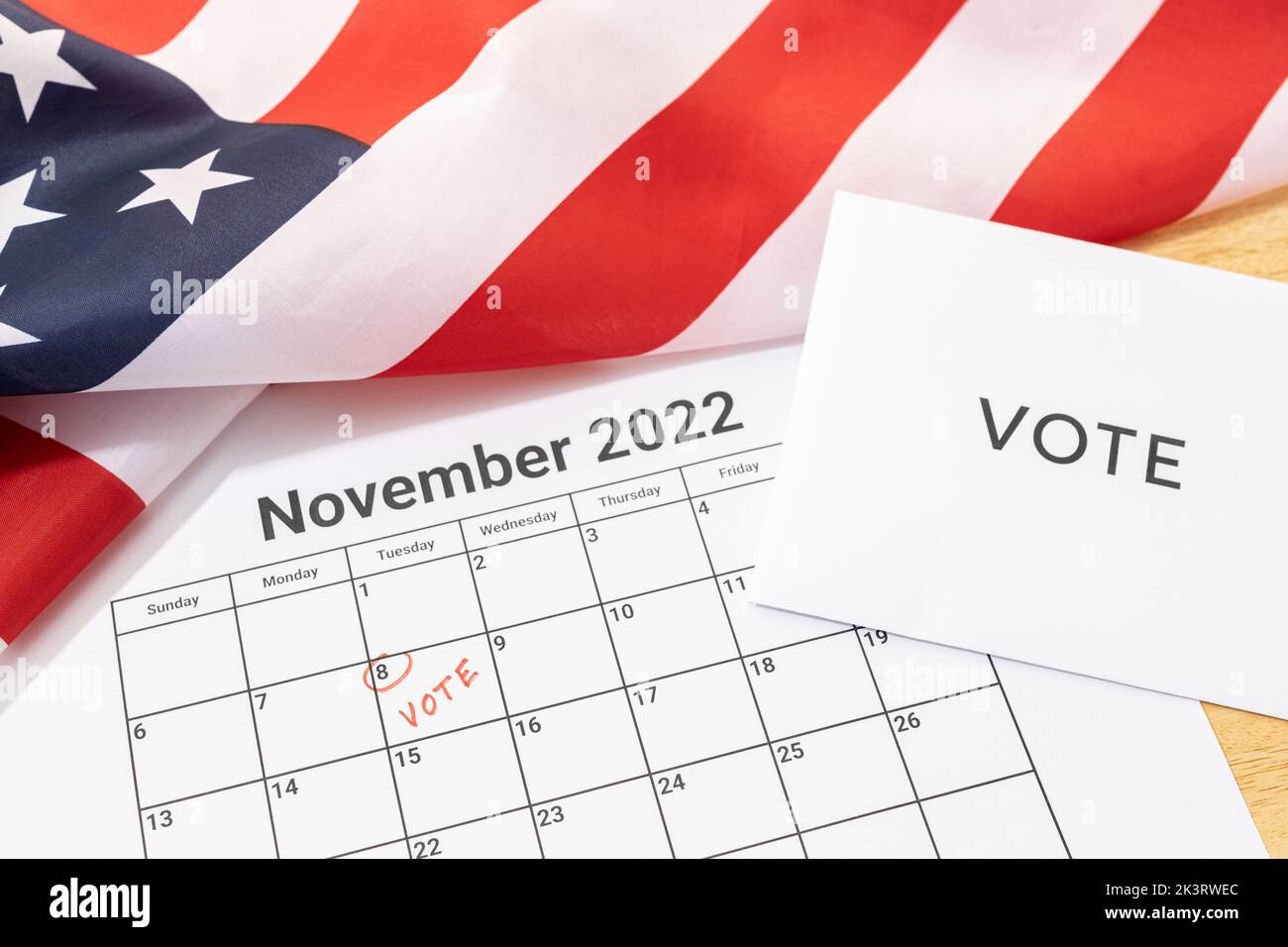 Midterm election Vote Day concept. November 8 2022 calendar marked in red and USA flag Stock Photo