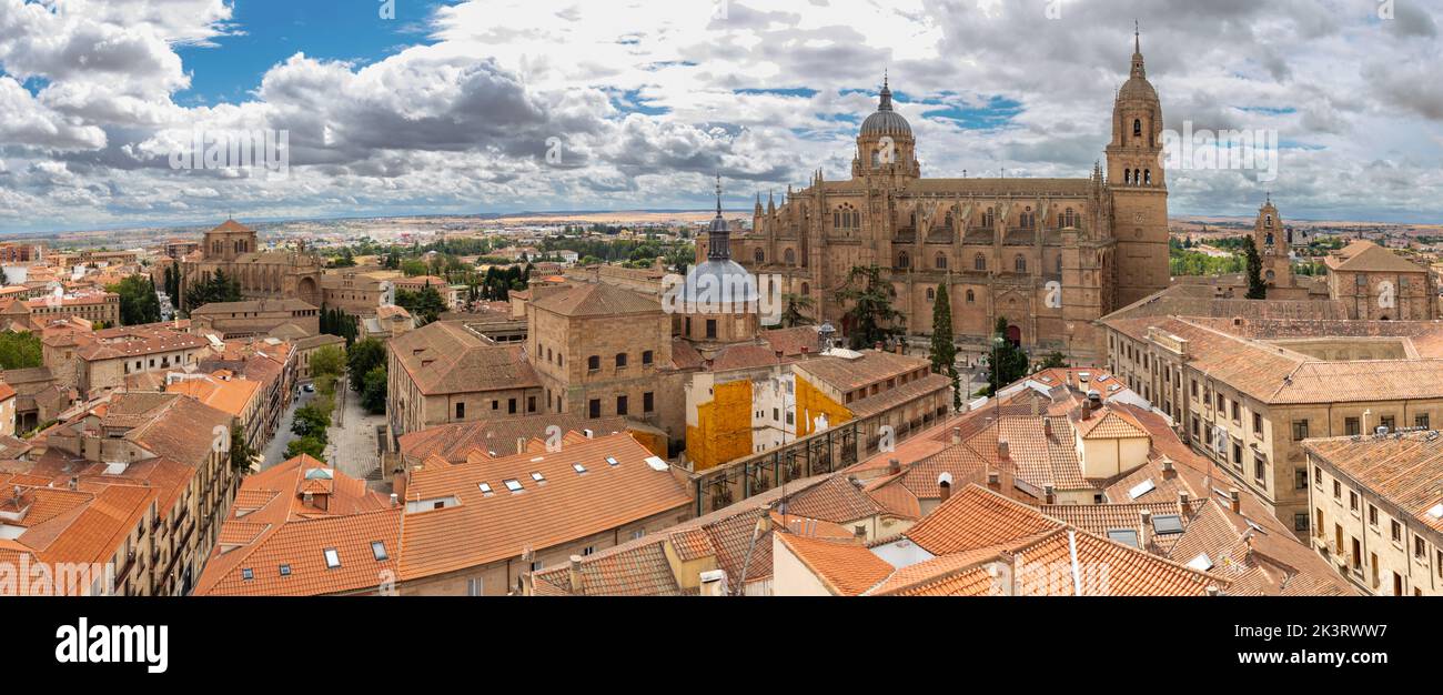 Vista panorámica de la ciudad de Salamanca con su hermosa catedral, desde lo alto de las torres de la Clerecía. Stock Photo