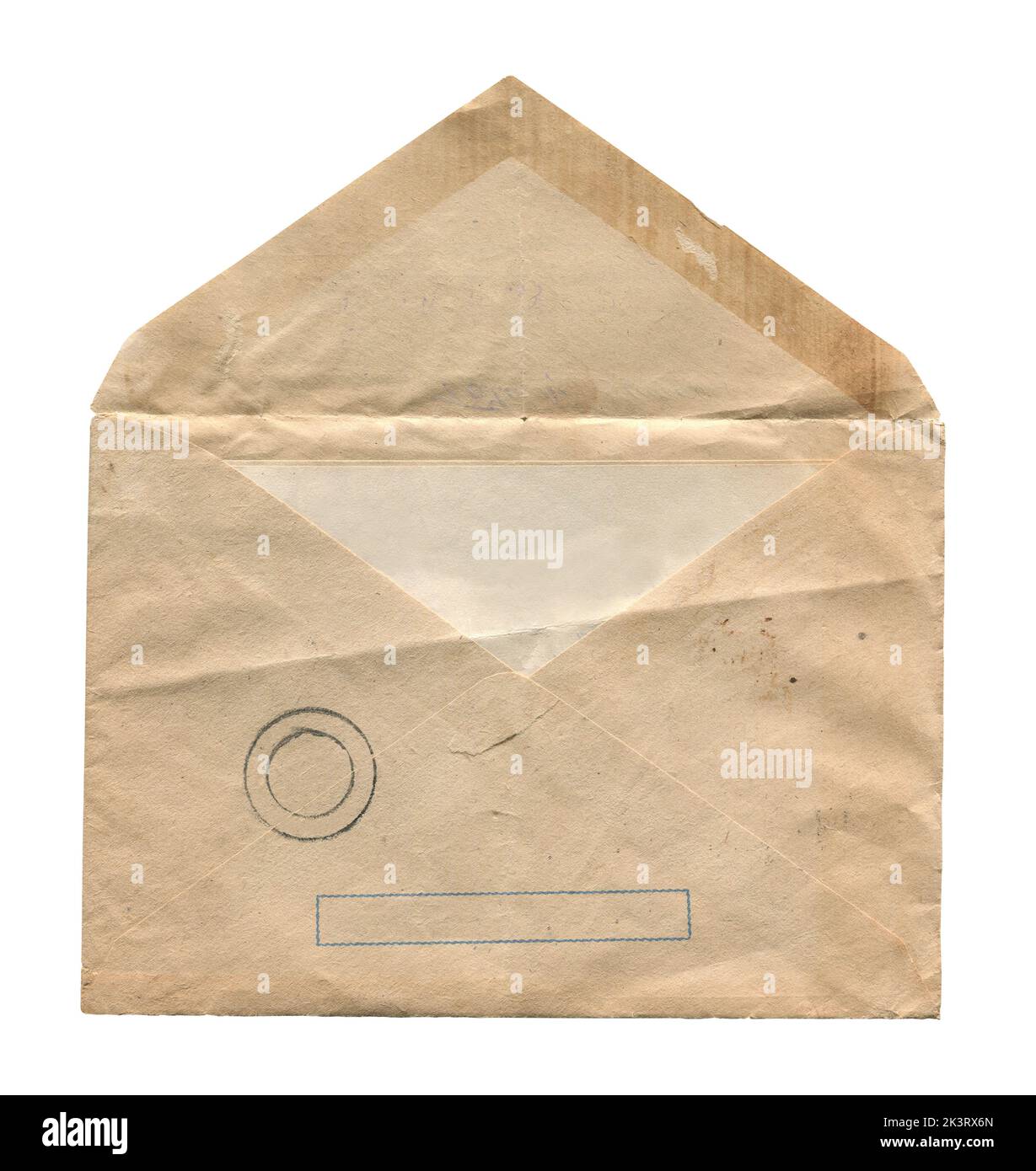 front view closeup of blank old aged vintage open letter paper postage ...
