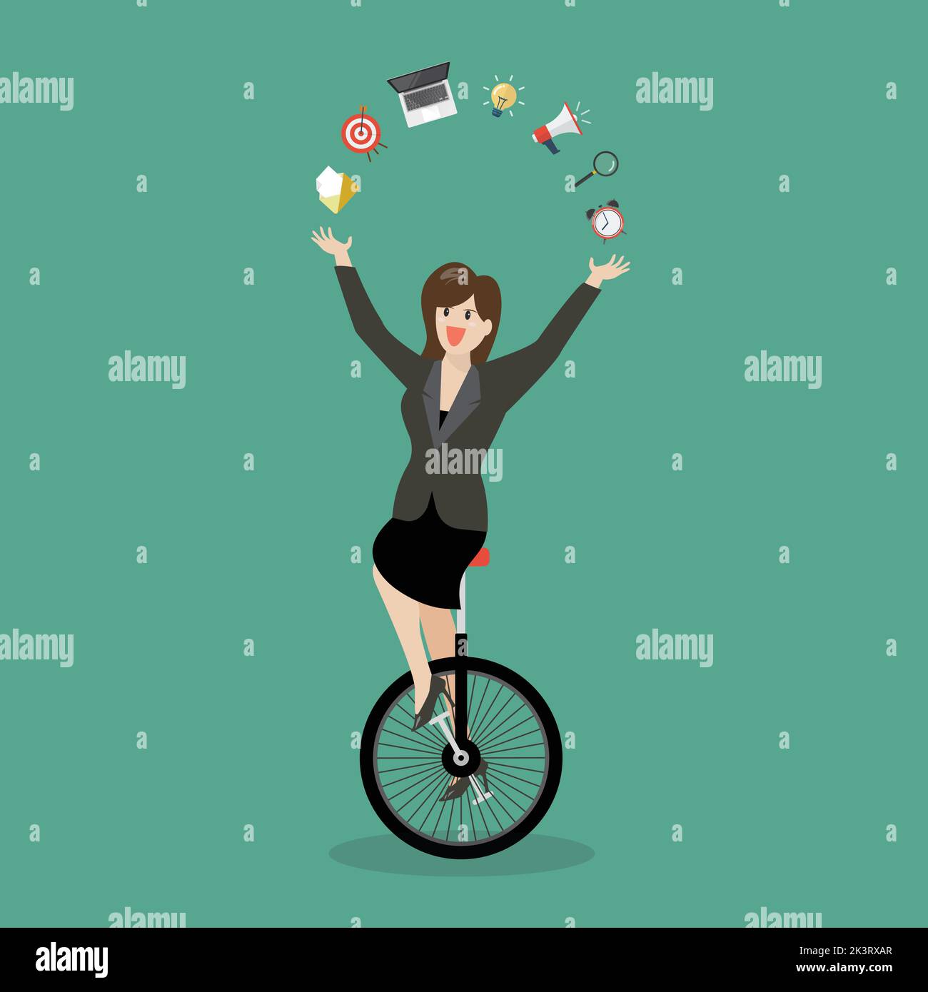 Business woman showing her skills on unicycle. Business idea concept