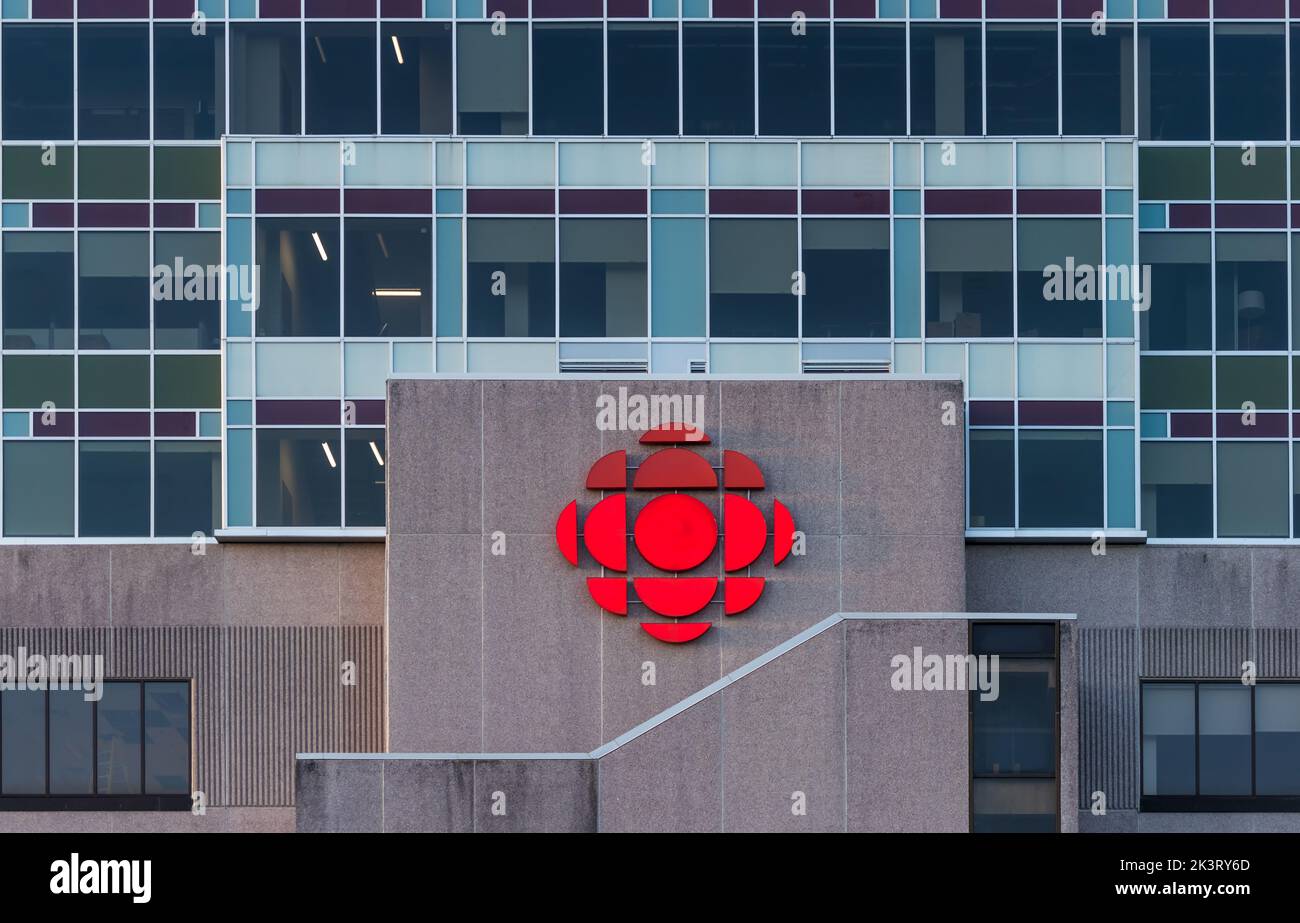 CBC Halifax television banner on the CBC building. Canadian Broadcasting Corporation Radio-Canada center. Halifax, Nova Scotia, Canada - JULY, 2022 Stock Photo