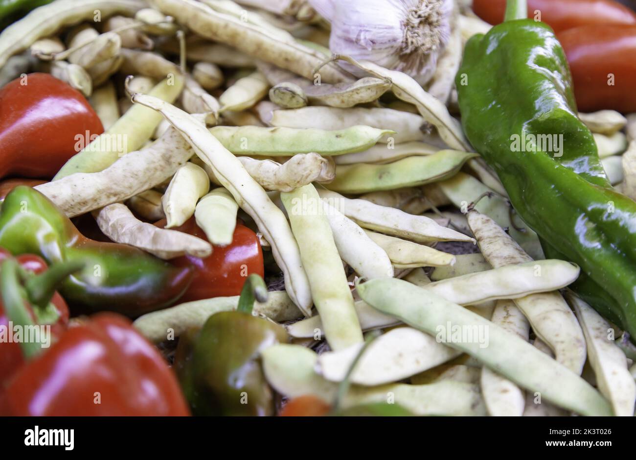 Green beans and peppers in food market, agriculture Stock Photo