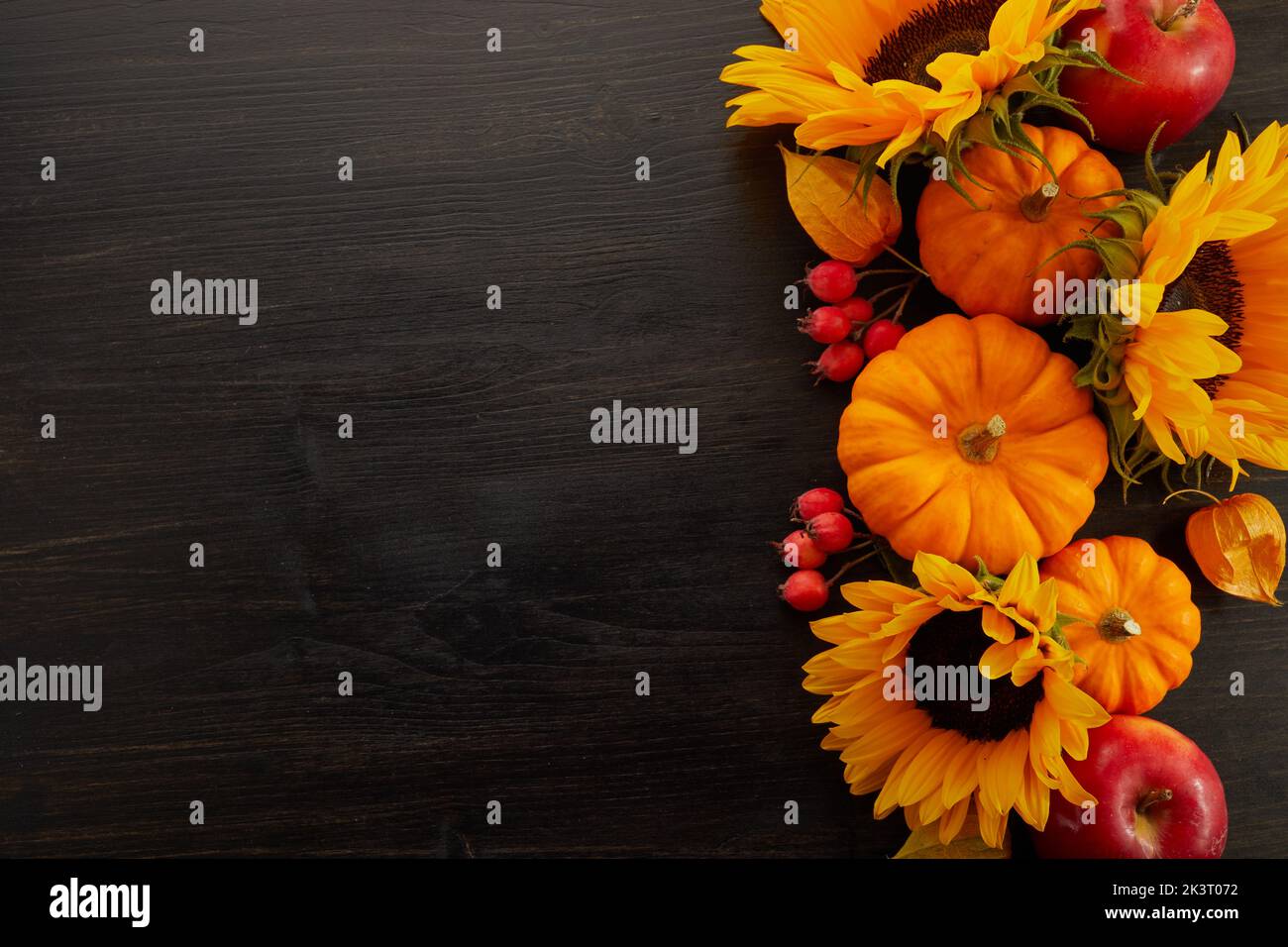 Pumpkin and sunflowers over old wooden background with copy space. Autumn background decoration. Stock Photo