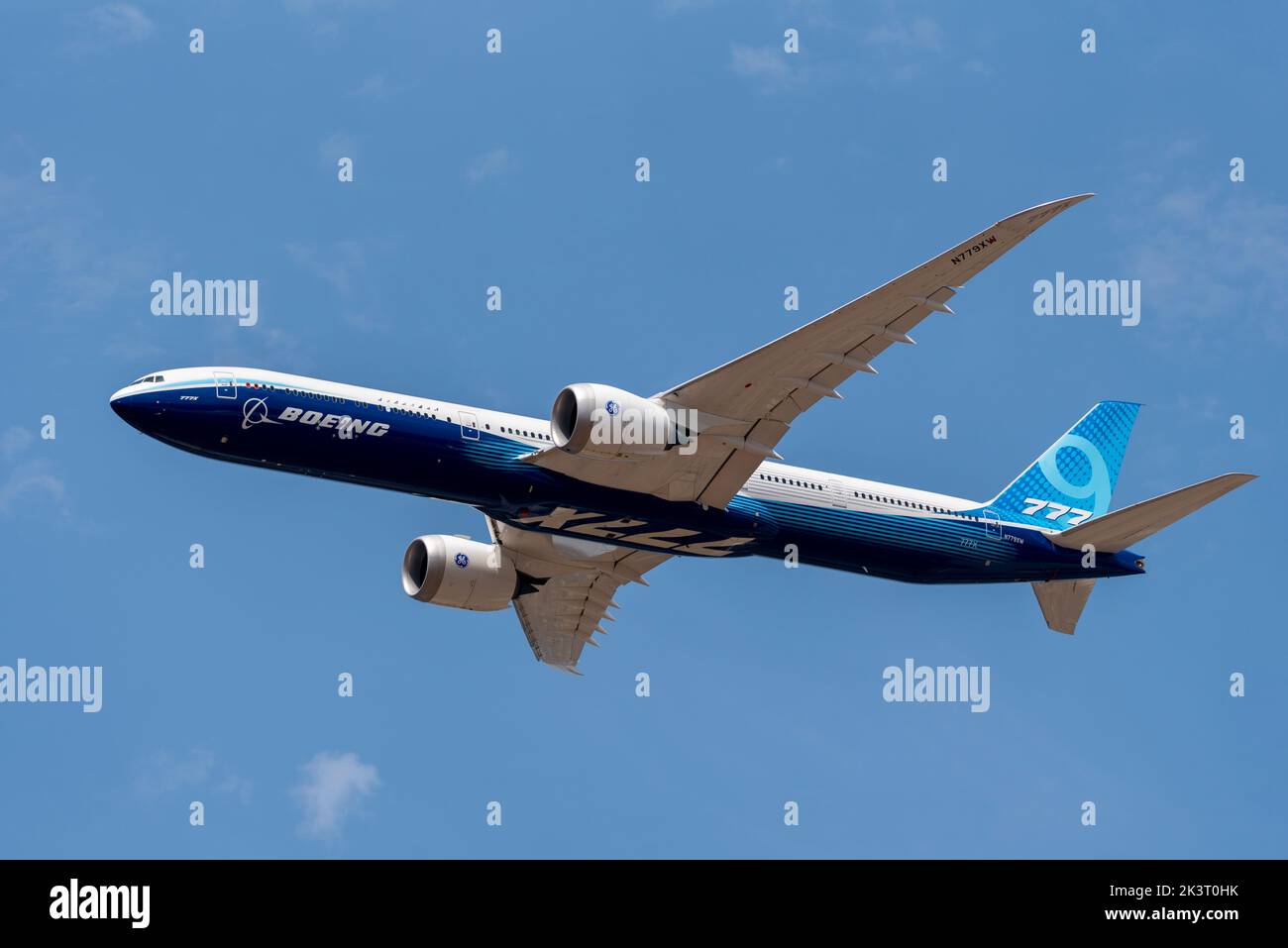 Boeing 777-9, also known as 777X, airliner jet plane flying at Farnborough International Airshow 2022. New, latest version of large wide body 777 Stock Photo