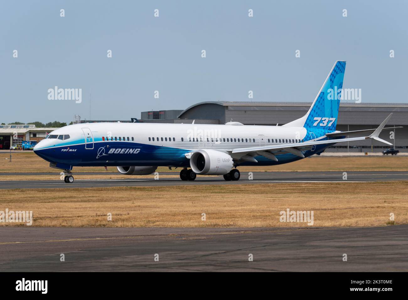 Boeing 737 MAX 10 airliner jet plane, the new version of the MAX series, on runway at the Farnborough International Airshow 2022 after display flight Stock Photo