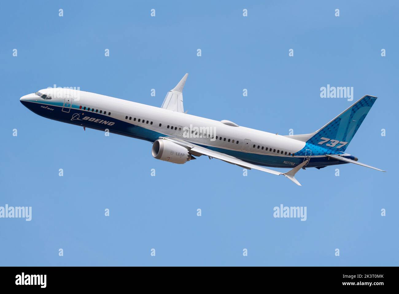 Boeing 737 MAX 10 airliner jet plane, the new version of the MAX series, flying at the Farnborough International Airshow 2022. Latest version of MAX Stock Photo