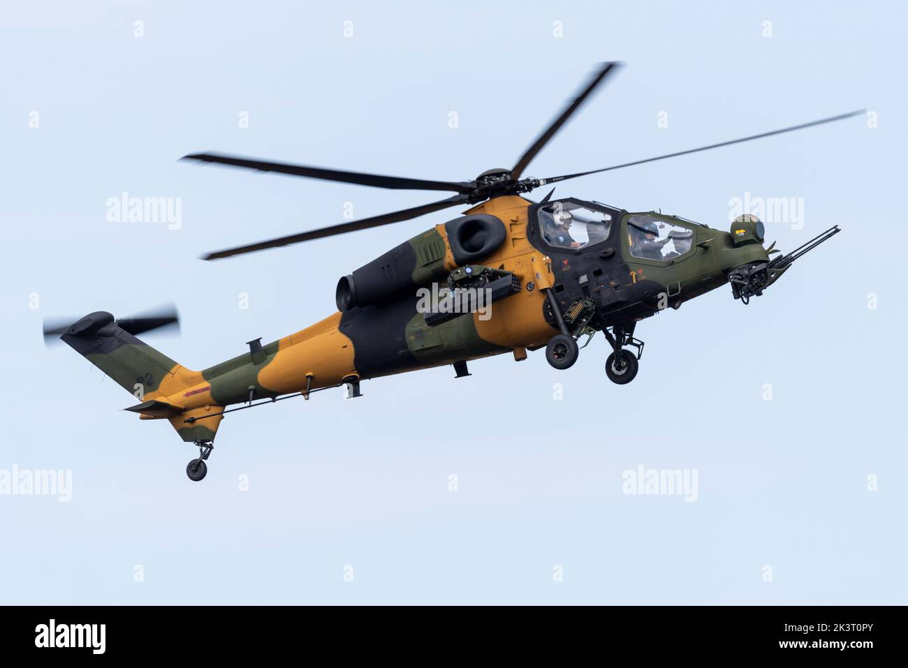Turkish Aerospace Industries T129 ATAK military helicopter. TAI/AgustaWestland T129 ATAK multi-role attack helicopter flying at Farnborough 2022 Stock Photo