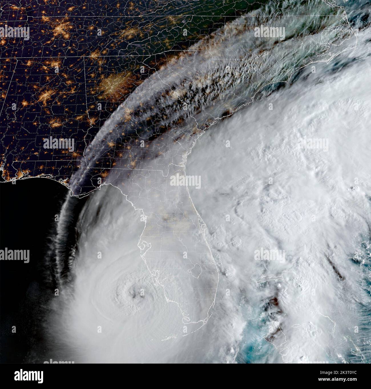 Modis Noaa, Earth Orbit. 28th Sep, 2022. MODIS NOAA, EARTH ORBIT. 28 September, 2022. Dawn view of Hurricane Ian as it moves closer to the west coast of Florida as a Category 4 dangerous storm fed by the warm waters of the Gulf of Mexico as seen from the GEOS NOAA satellite, September 28, 2022 in Earth Orbit. Credit: GEOS NOAA/NOAA/Alamy Live News Stock Photo