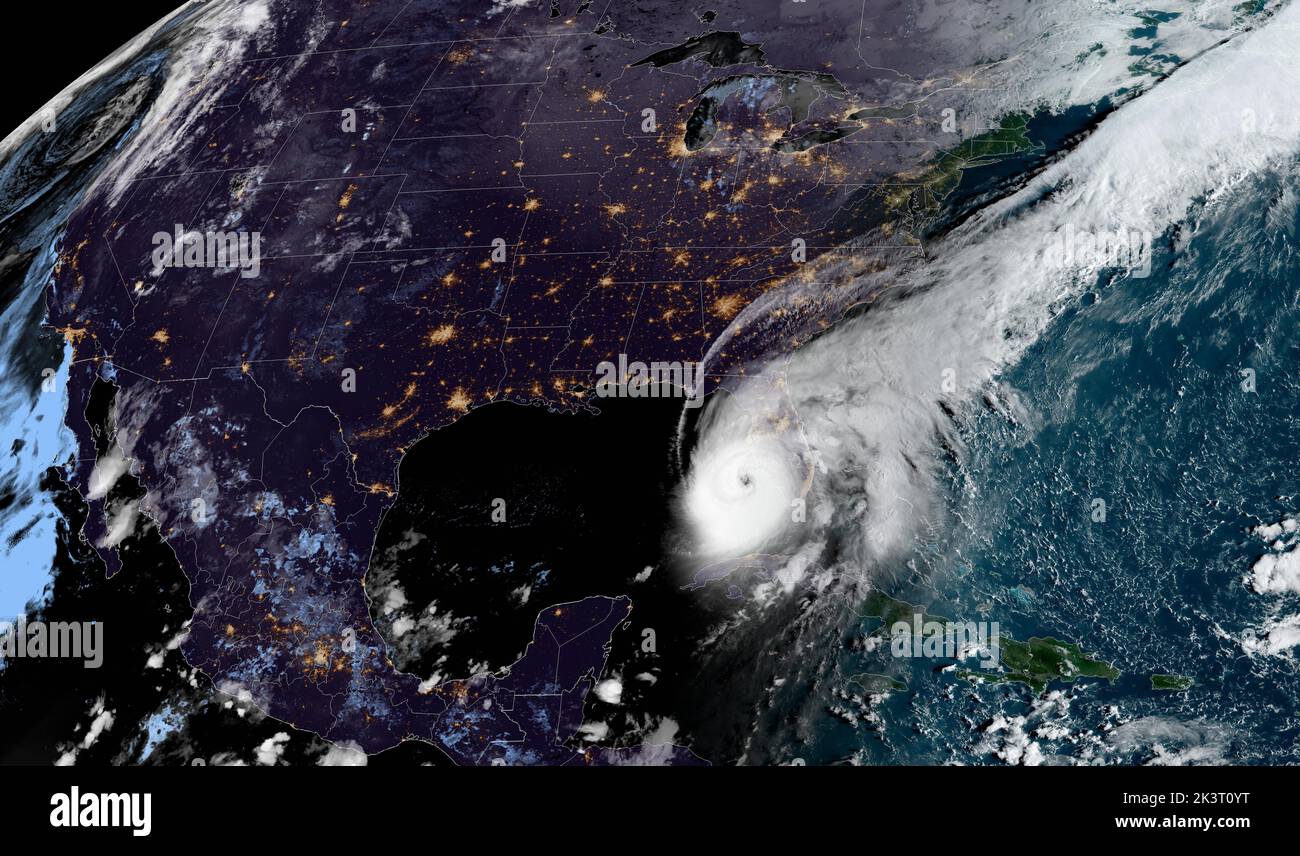 Modis Noaa, Earth Orbit. 28th Sep, 2022. MODIS NOAA, EARTH ORBIT. 28 September, 2022. Dawn view of Hurricane Ian as it moves closer to the west coast of Florida as a Category 4 dangerous storm fed by the warm waters of the Gulf of Mexico as seen from the GEOS NOAA satellite, September 28, 2022 in Earth Orbit. Credit: GEOS NOAA/NOAA/Alamy Live News Stock Photo