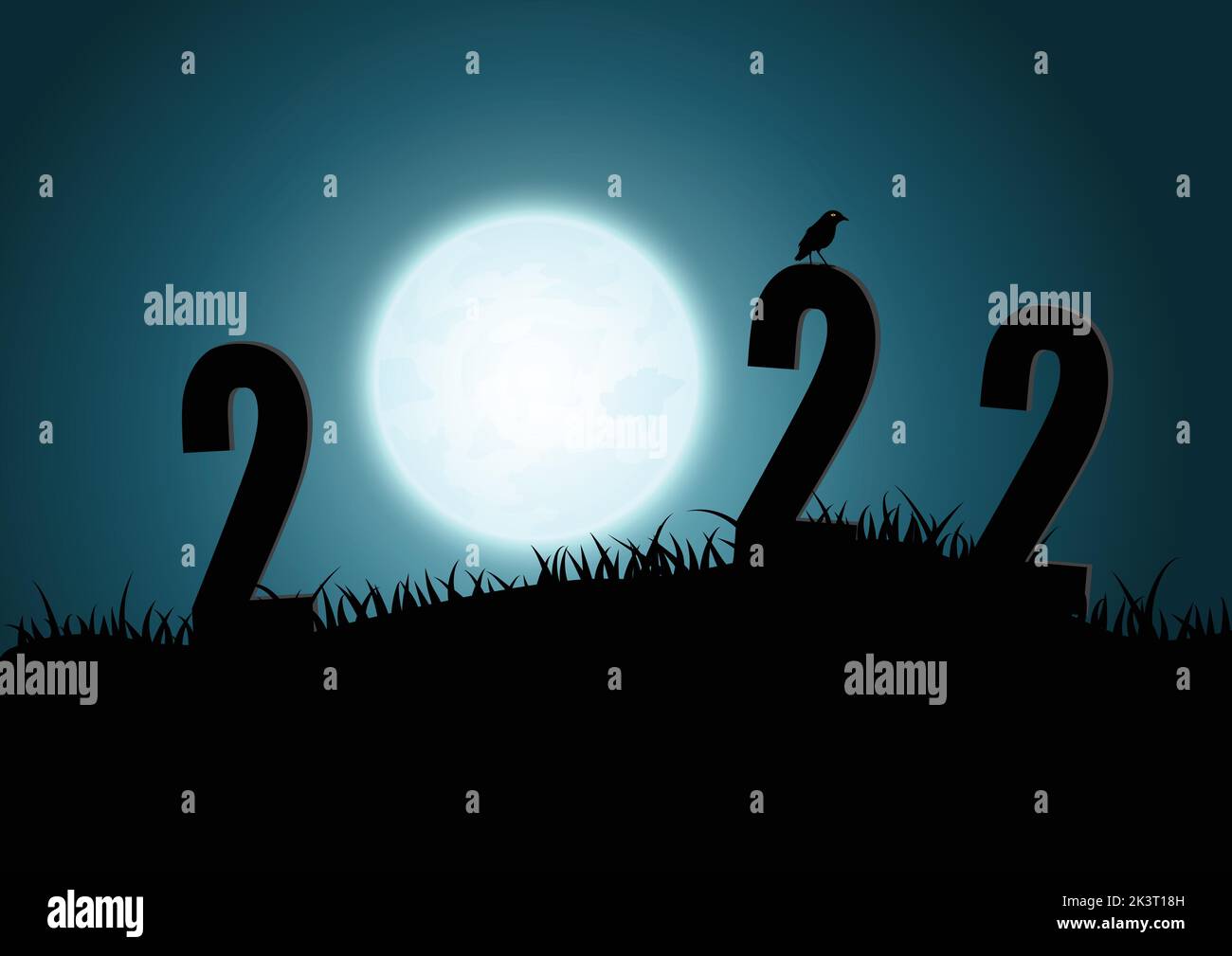 Silhouette of numbers 2022 mountains with moon. illustrator vector. Stock Vector