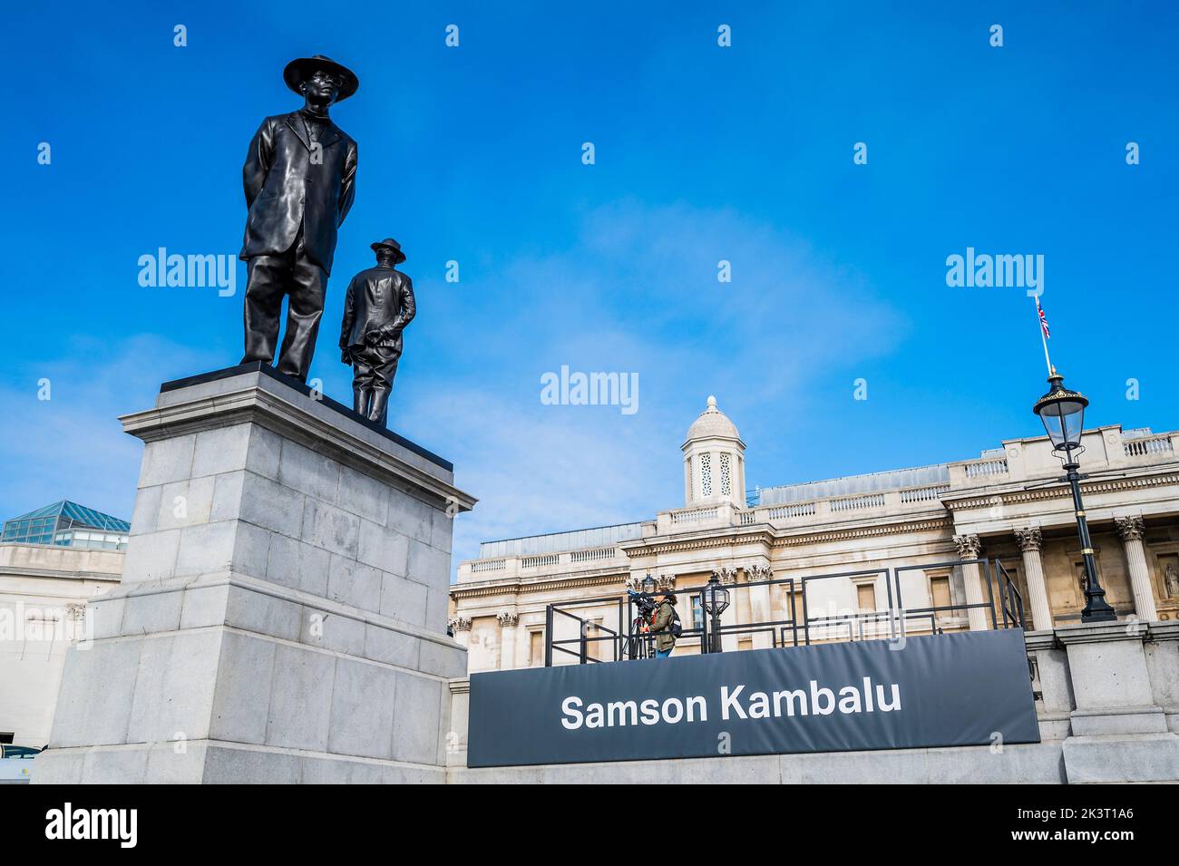 London, UK. 28th Sep, 2022. Antelope by Samson Kambalu on the Fourth Plinth in Trafalgar Square. The sculpture restages a 1914 photograph of John Chilembwe, a Baptist preacher and pan-Africanist, and John Chorley, a European missionary. Chilembwe is wearing a hat in defiance of a colonial rule forbidding Africans from wearing hats in front of white people. He later led an uprising against colonial rule during which he was killed and his church was destroyed by the colonial police. Credit: Guy Bell/Alamy Live News Stock Photo