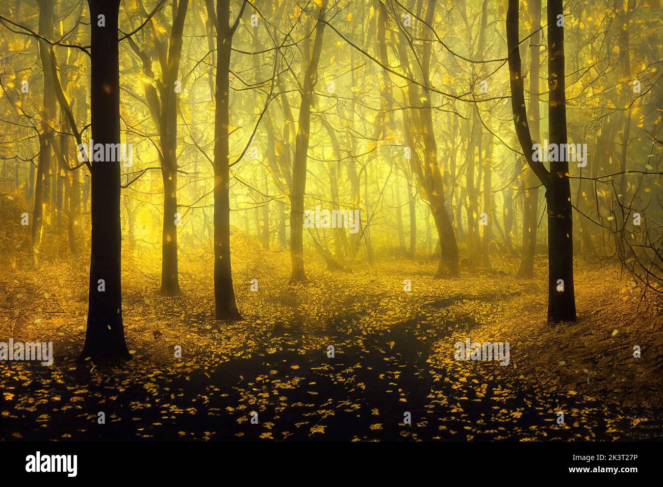 Autumn in an enchanted forest, mysterious golden fog, falling yellow leaves. Digital 3D illustration Stock Photo