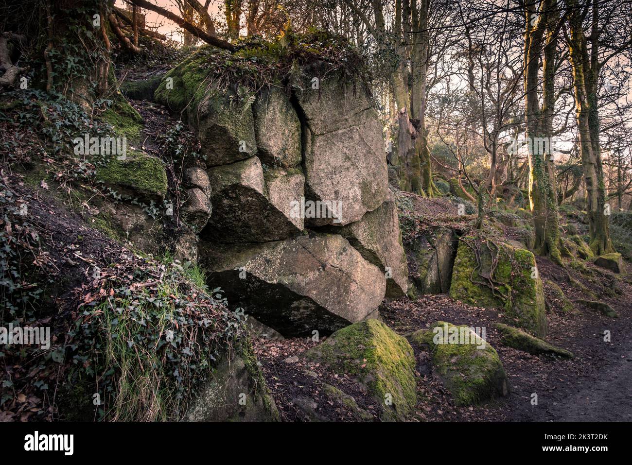 Large granite outcrops and rocks in the Kennall Vale nature reserve in