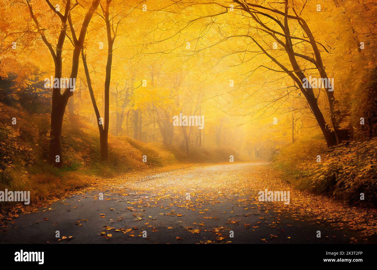 Yellow autumn trees along a park road in a foggy day. Digital 3D illustration Stock Photo
