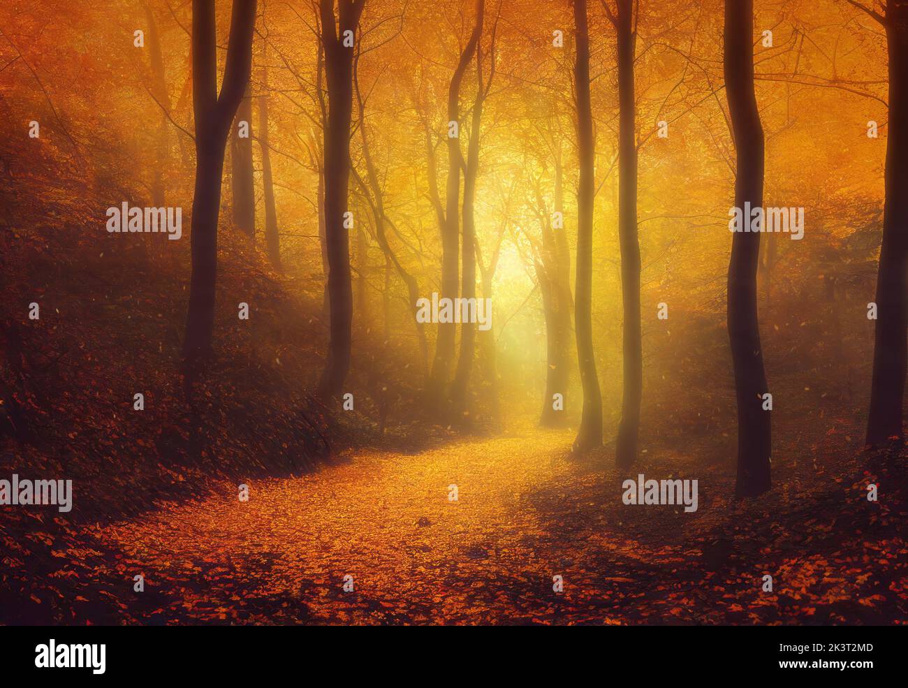 Foggy autumn forest at dusk, trail covered with fallen leaves. Digital 3D illustration Stock Photo
