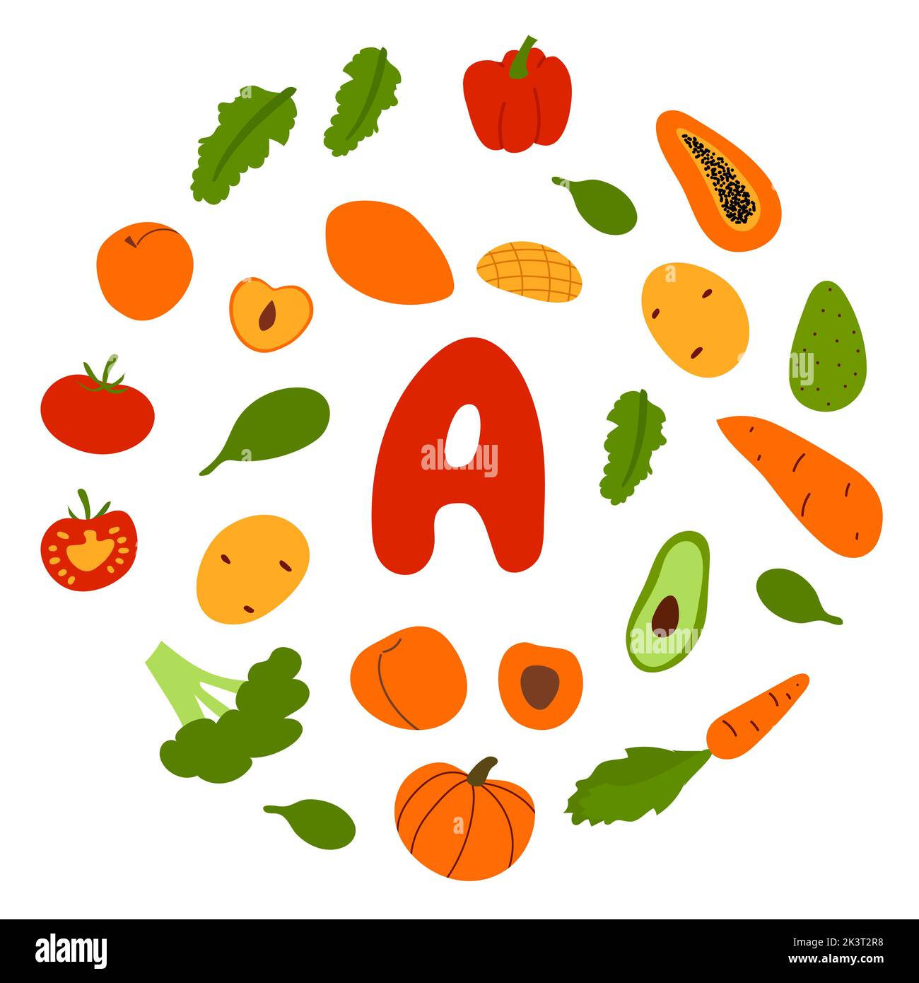 Vector flat hand drawn veggies and fruits rich in vitamin A. Food