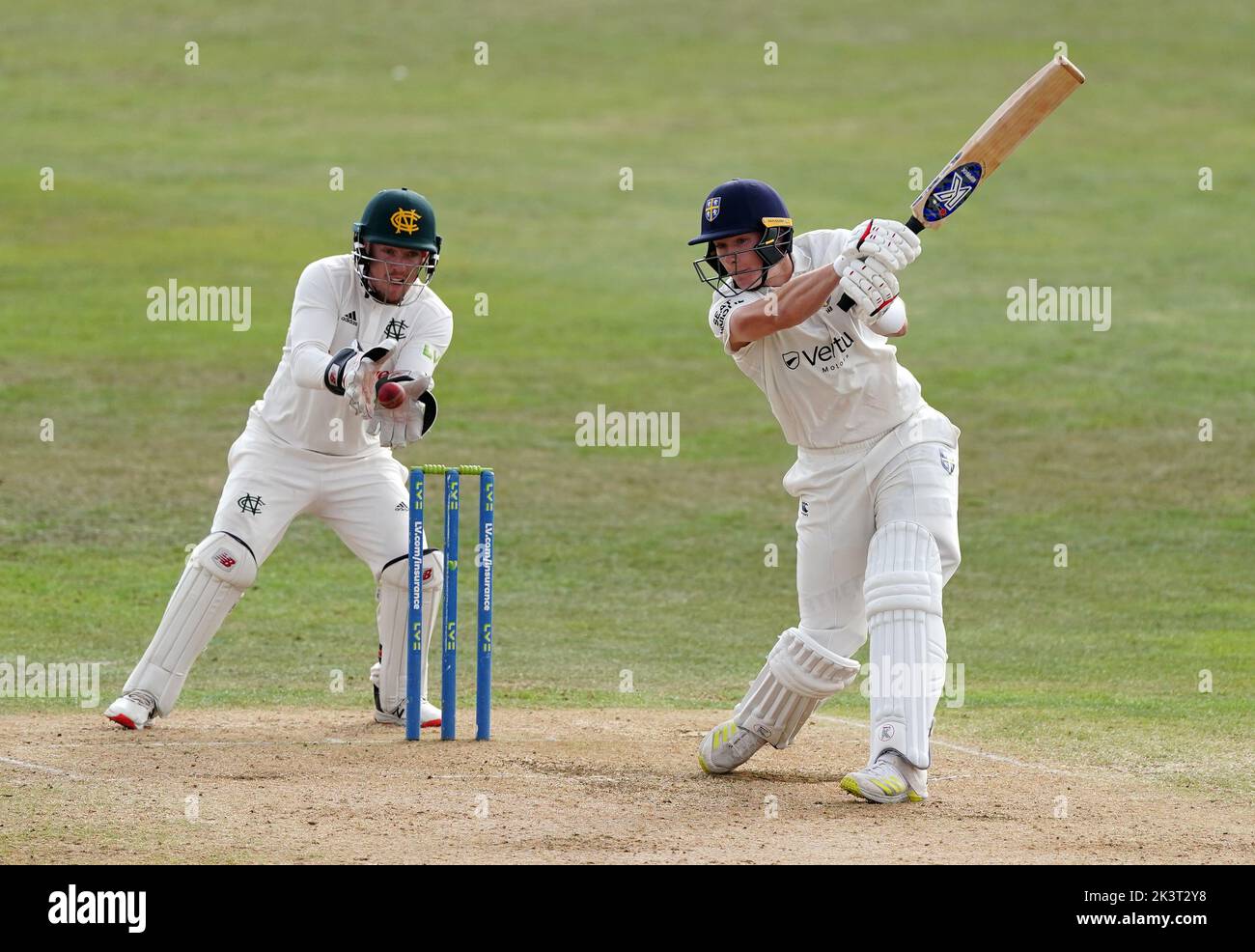 Durham's Matthew Potts hits out during day three of the LV= Insurance County Championship, Division two match at Trent Bridge, Nottingham. Picture date: Wednesday September 28, 2022. Stock Photo