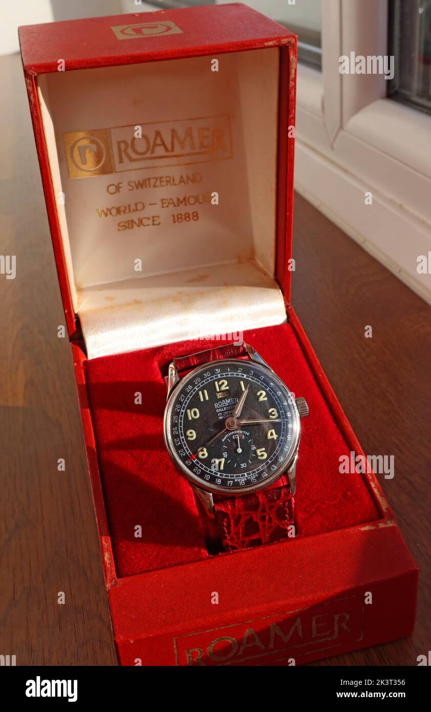 Roamer Date Switzerland ,Pointer watch with box, 1950s Swiss made manual winding watch Stock Photo