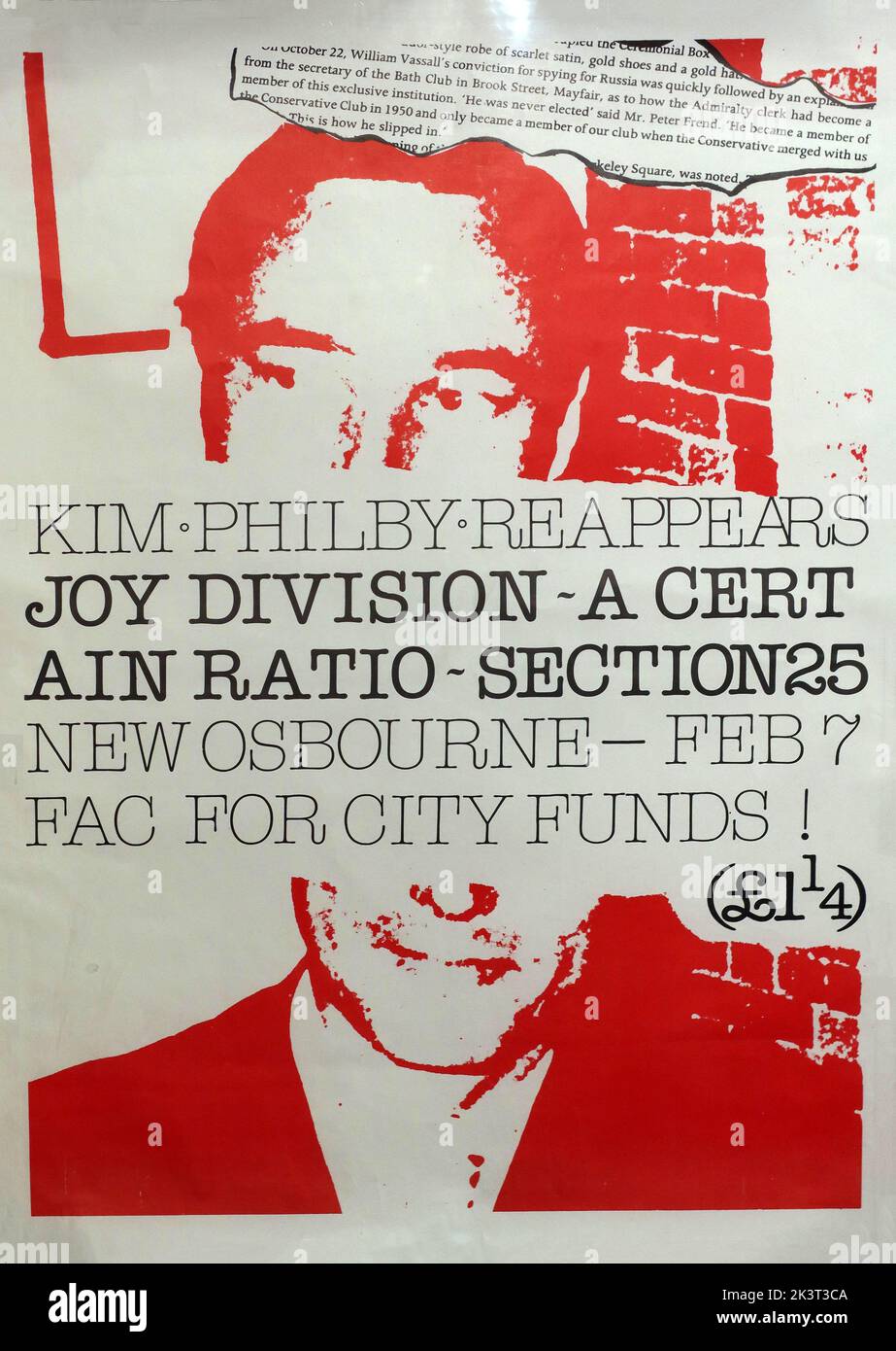Kim Philby Reappears,Joy Division,A Certain Ratio,Section25,New Osbourne,Feb7 FAC for city funds poster Stock Photo