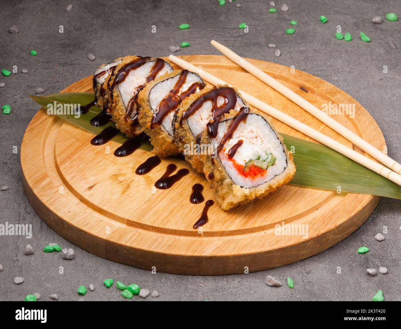 tasty tempura roll with crab, cream cheese, cucumber and caviar Stock